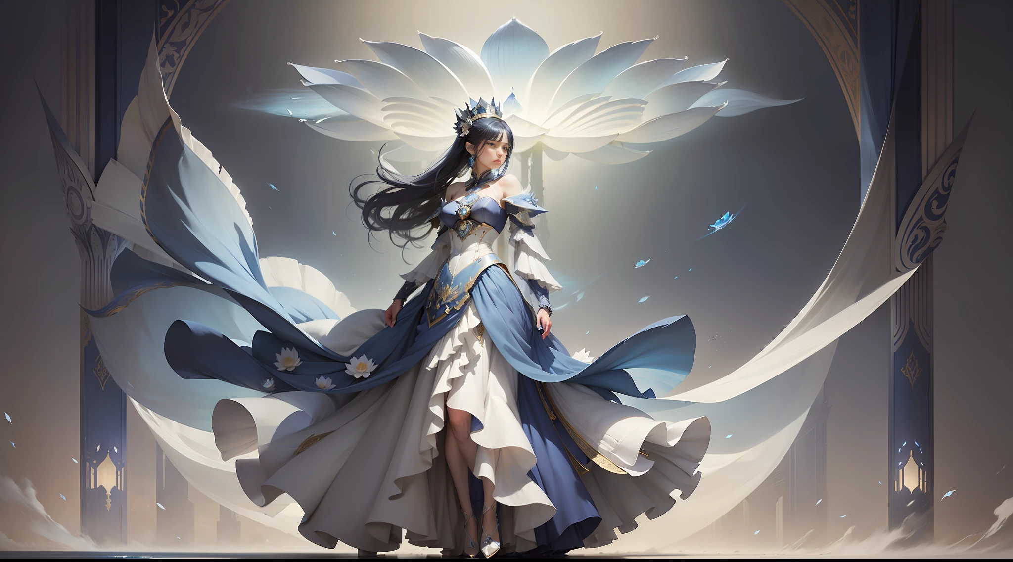A female emperor, blue and white flowing skirt, lotus, battlefield, ethereal simplicity, magnificent illustrations, Philip McKay, multi-layered progressive style production, containing imposing, multi-layered, transparent and natural, delicate and soft, clear and bright imagery,