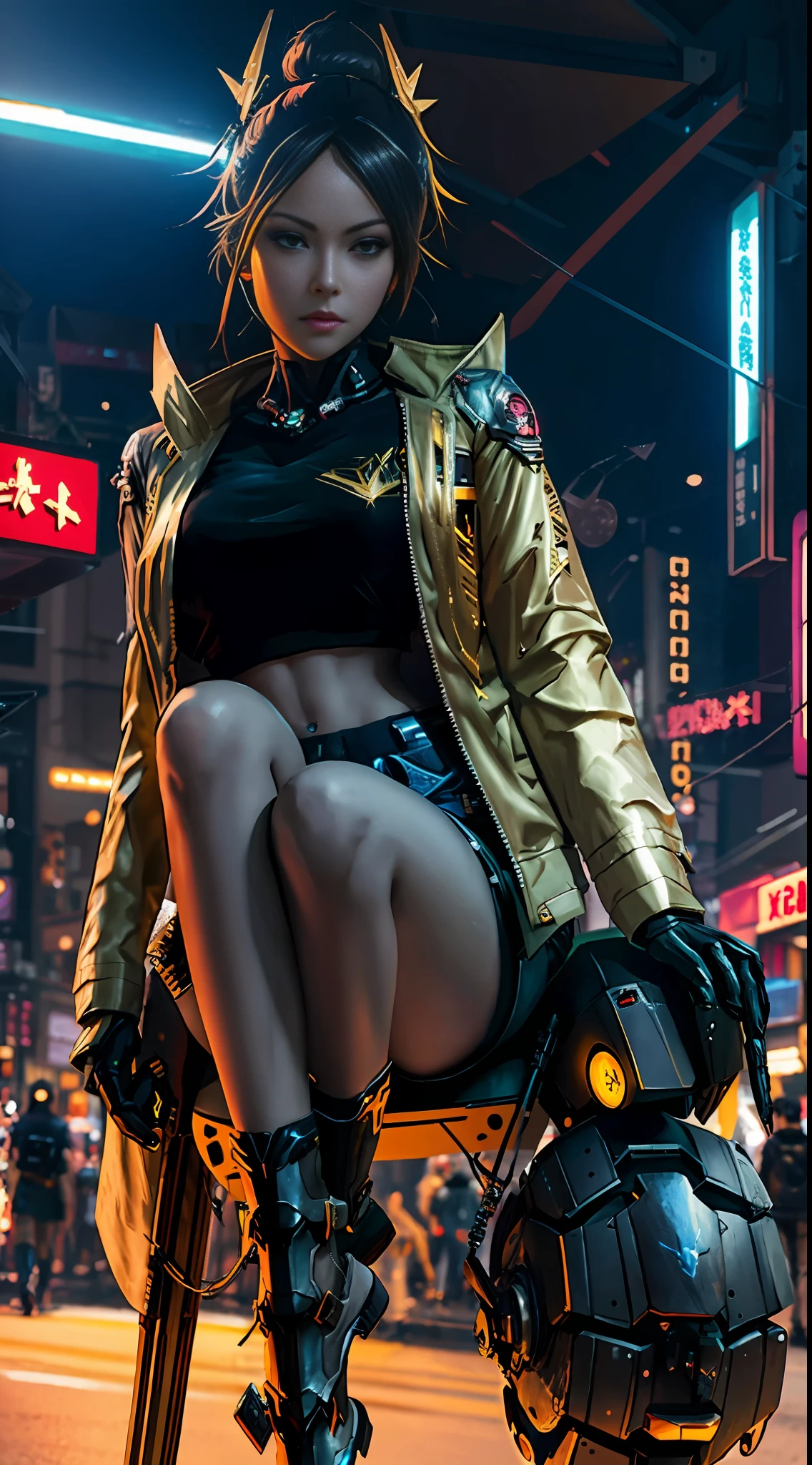 Boutique,best quality,Gold jewelry,(slip out feet),Fairy skin,(Fidelity :1.2),Standing,Super Detailed,realistic,High quality,Movie Light,Ray tracking,Ultra HD,Upper body
Girl in shorts and jacket standing next to giant robot, Guweiz style artwork, CyberPunk mech, Trends on CGSTATION, Guweiz, Russell Dongjun Lu, digital cyberpunk anime art, Ross Tran 8 K, Guweiz on ArtStation Pixiv, Girl in mecha network armor