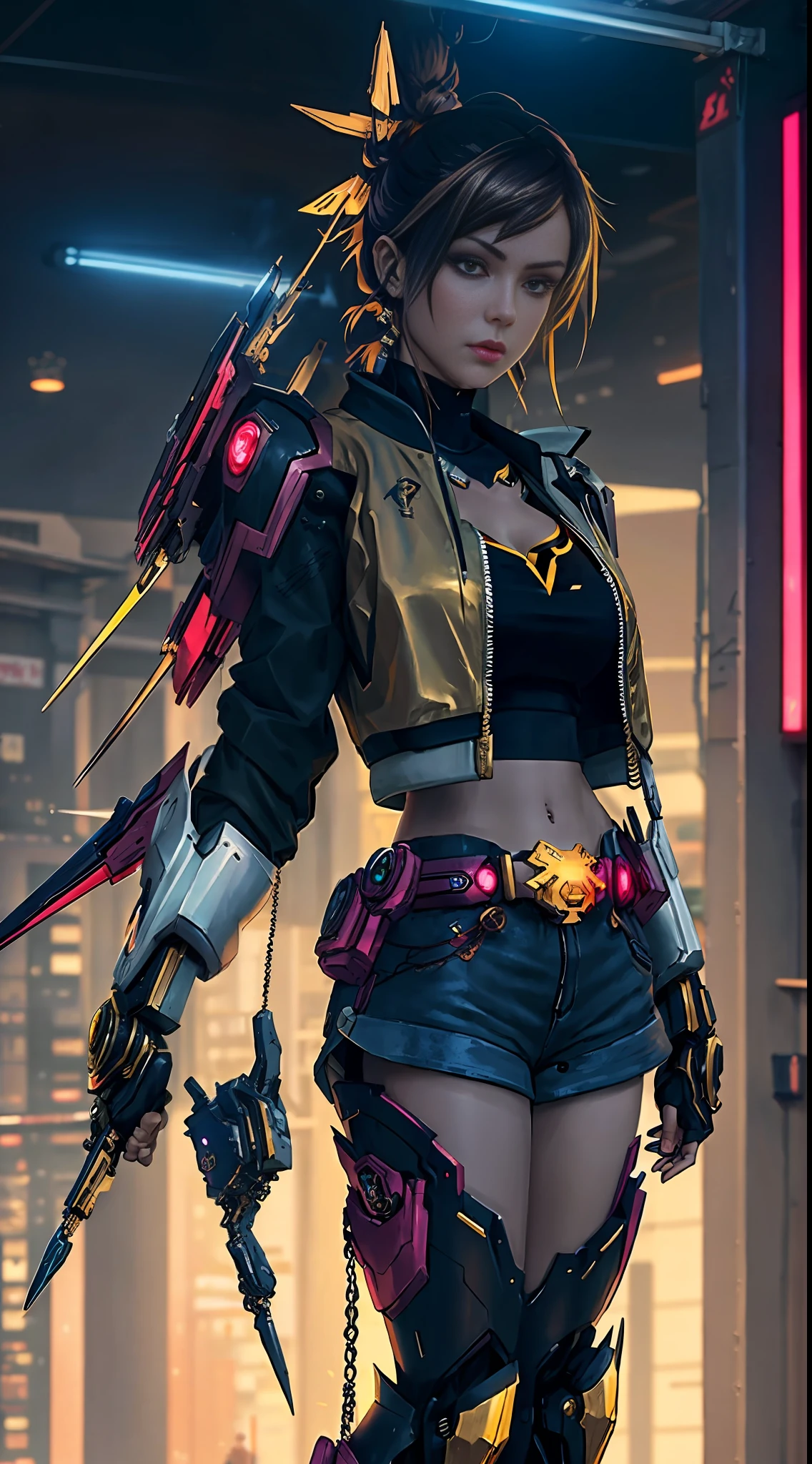 Boutique,best quality,Gold jewelry,(slip out feet),Fairy skin,(Fidelity :1.2),Standing,Super Detailed,realistic,High quality,Movie Light,Ray tracking,Ultra HD,Upper body
Girl in shorts and jacket standing next to giant robot, Guweiz style artwork, CyberPunk mech, Trends on CGSTATION, Guweiz, Russell Dongjun Lu, digital cyberpunk anime art, Ross Tran 8 K, Guweiz on ArtStation Pixiv, Girl in mecha network armor