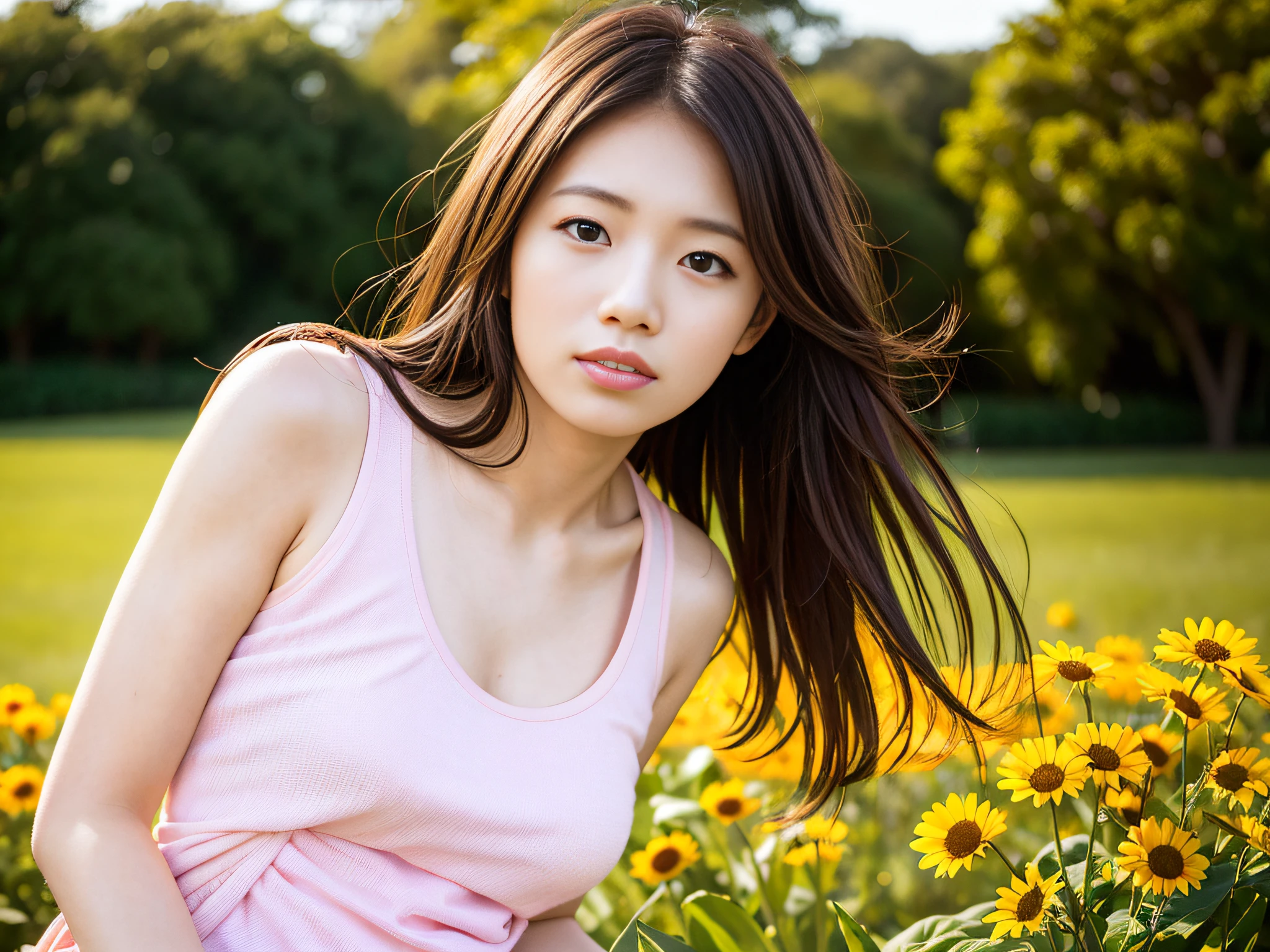 Solo, Single Woman, One Female, long_hair, Nanase Nishino, Haruka Kaki, Summer, Flower Garden, Neat, Tank Top, Upper Body, (8K, RAW Photography, Best Quality, Masterpiece:1.2), (Realistic, Photorealistic:1.37), Professional Lighting, Photon Mapping, Radiosity, Physically Based Rendering