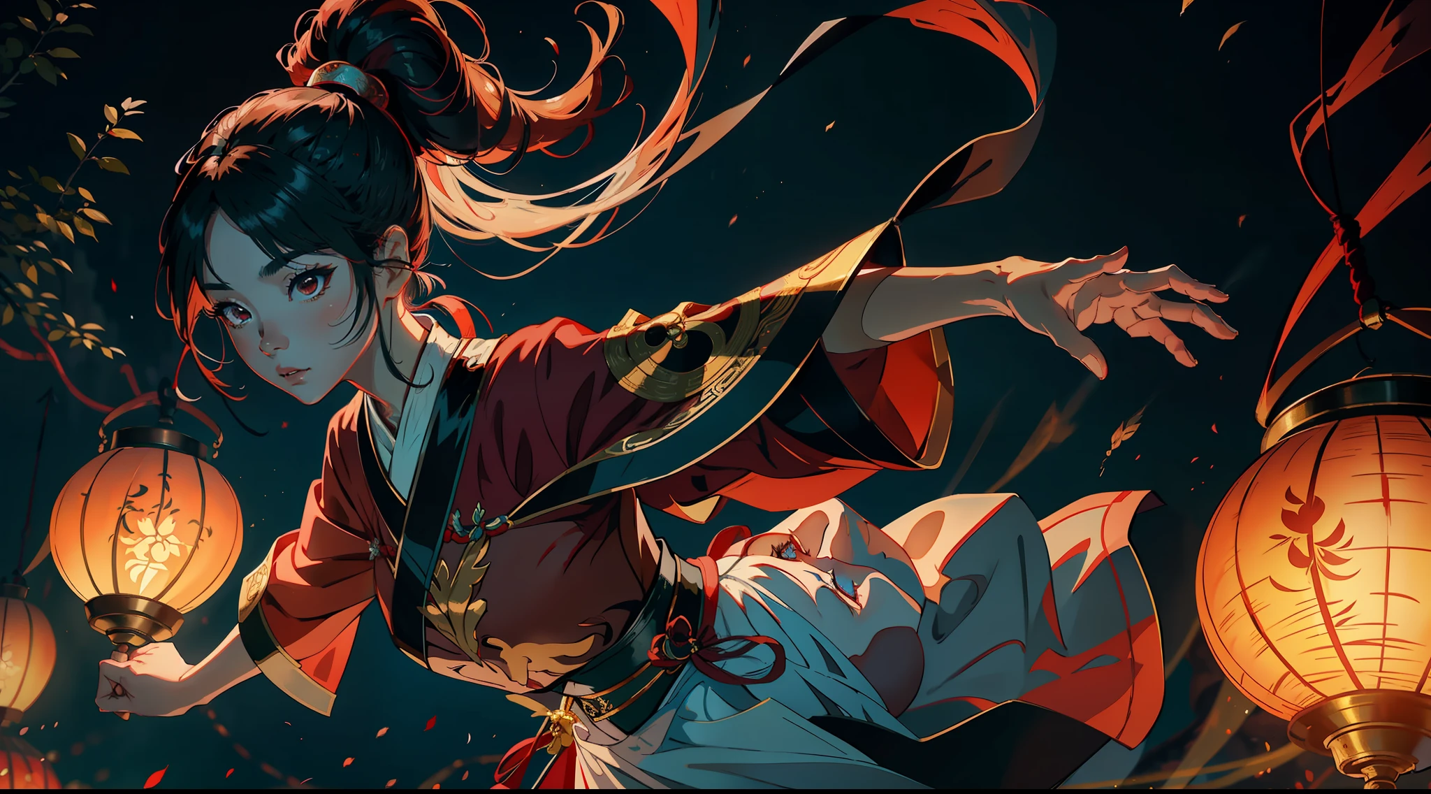 Total focus on a Korean woman ponytail on a divine link dancing with a cape + red bushes + mystical fish + flying lanterns + close-up full-body showing, pose, cinematics, detailed pretty face, exquisite details, 8k UHD, ultimate brushing, master brushwork, trending on artstation, master drawing, masterpiece
