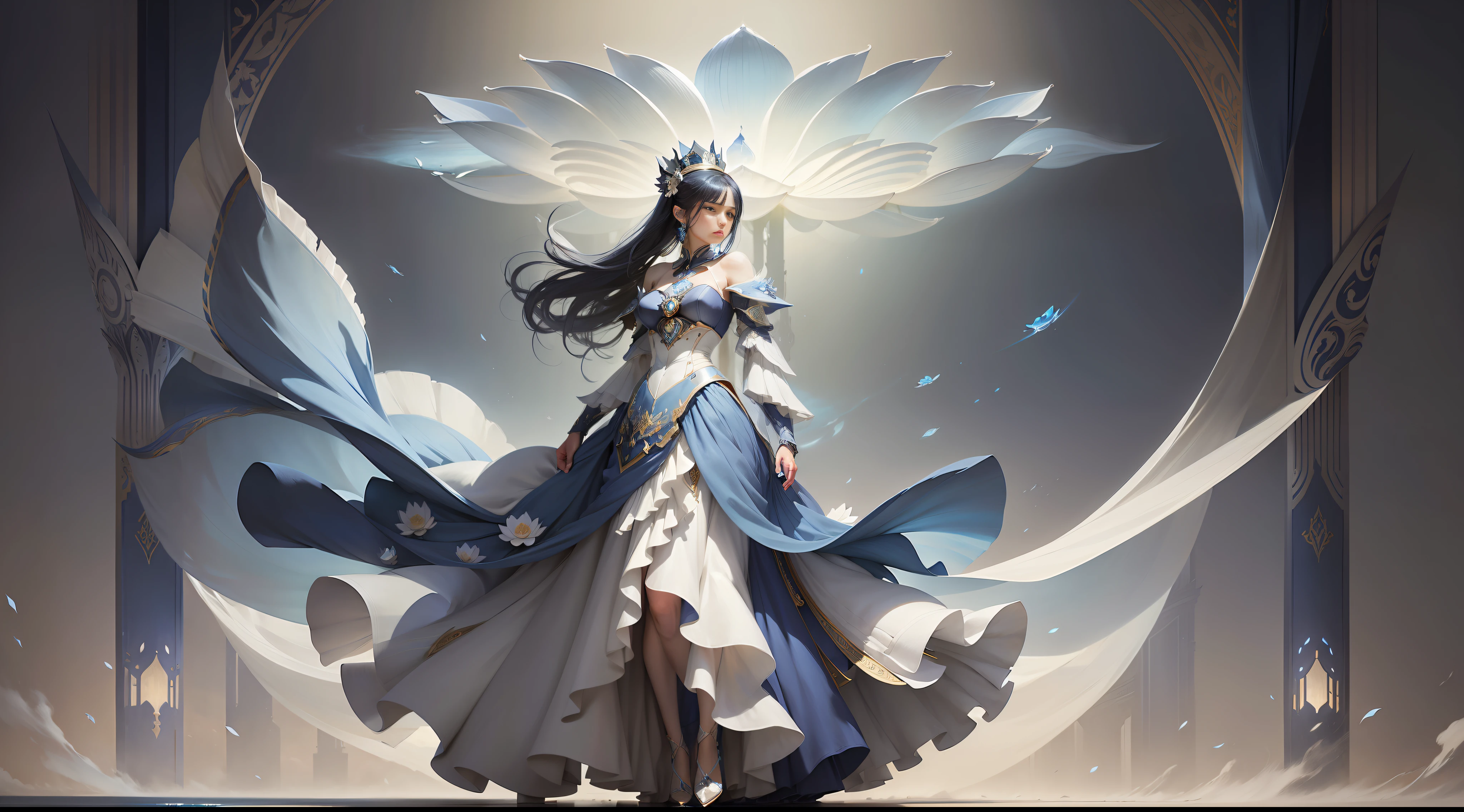A female emperor, blue and white flowing skirt, lotus, battlefield, ethereal simplicity, magnificent illustrations, Philip McKay, multi-layered progressive style production, containing imposing, multi-layered, transparent and natural, delicate and soft, clear and bright imagery,