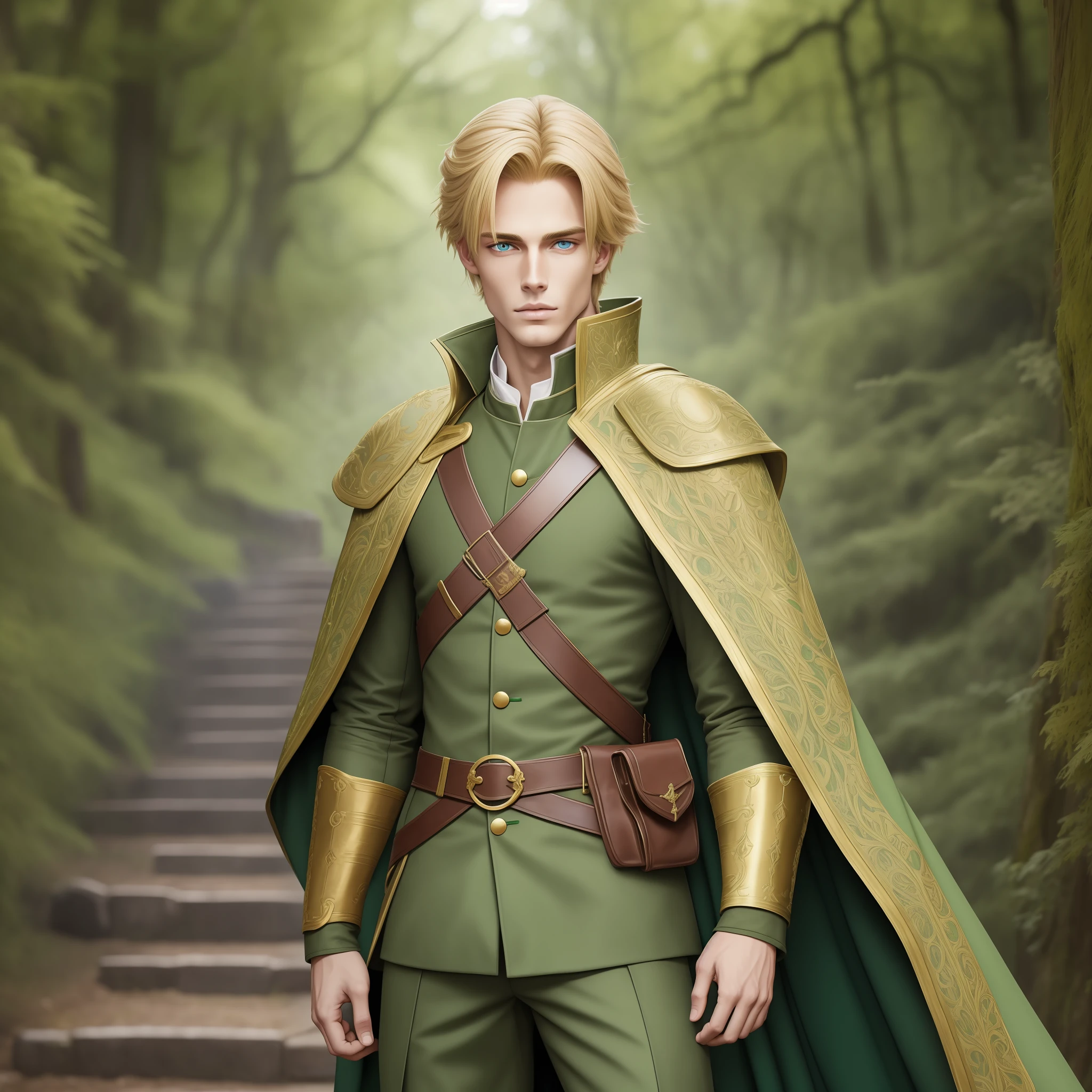 Neels Visser is a prince who has golden blonde hair, wears a moss green medieval military outfit, looking forward with piercing emerald green gaze. full body, Samyang art