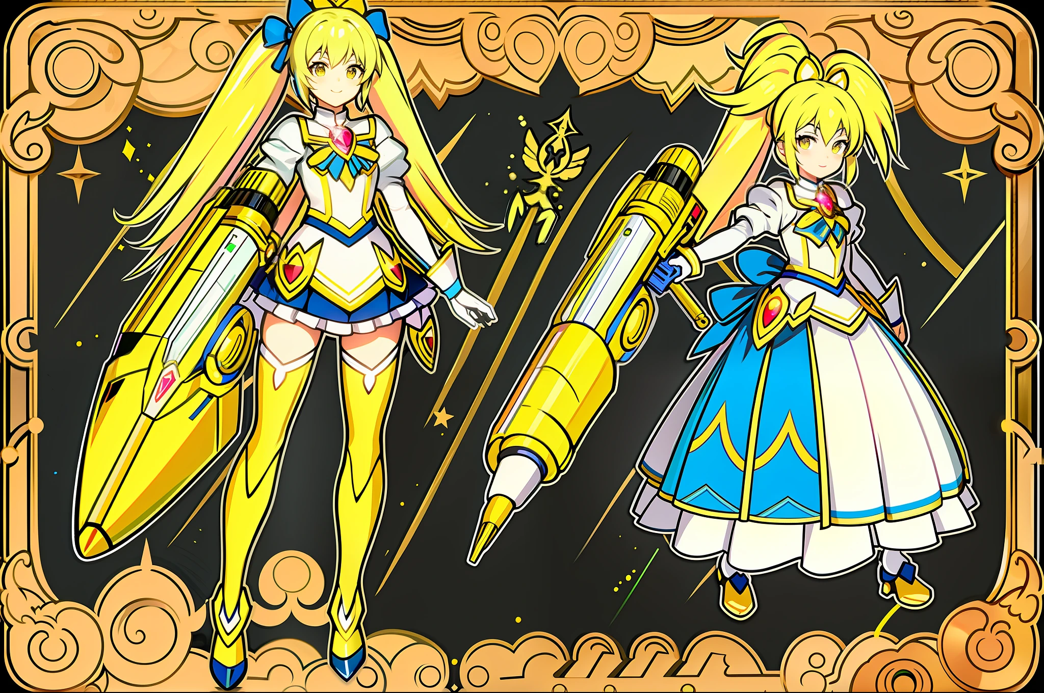 masterpiece,(best quality) magical girl,Lazer gun, yellow( ( character concept art ) )