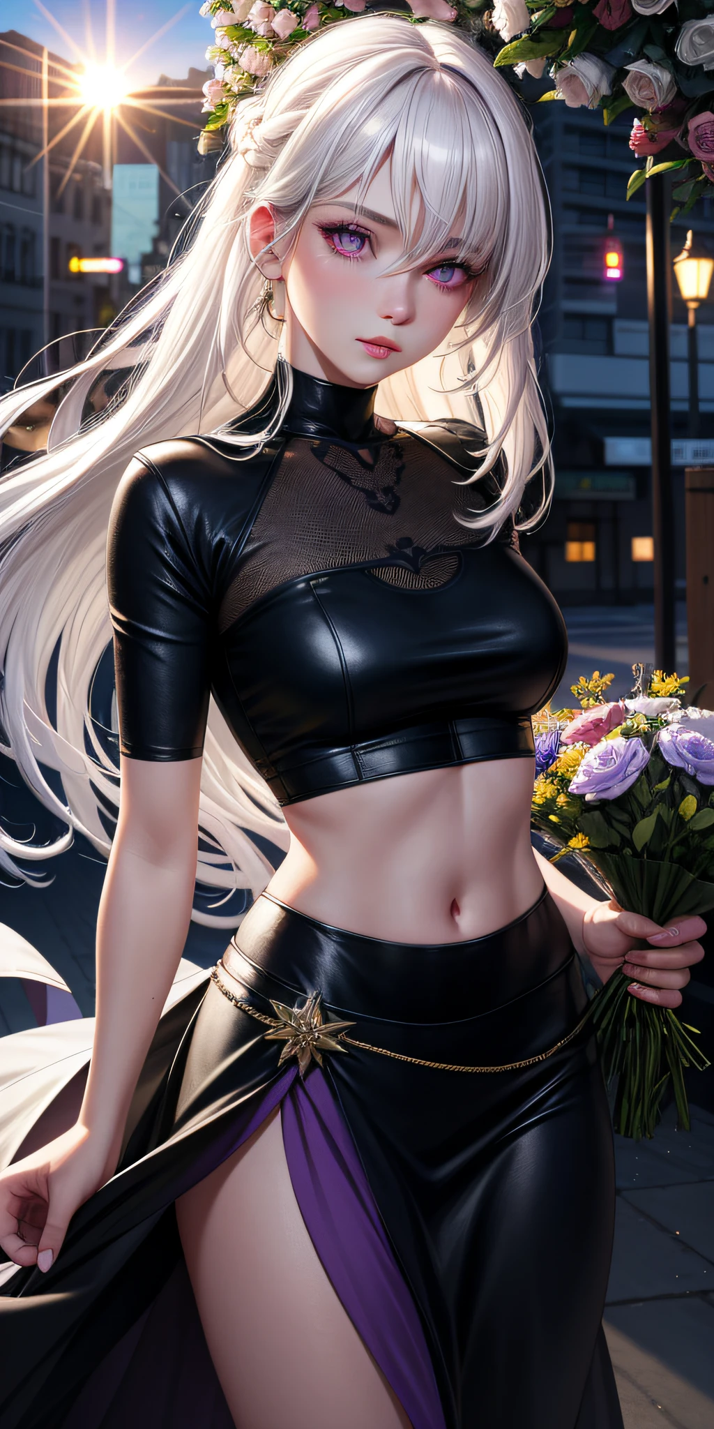 realistic, 1girl, white hair, purple eyes, glowing eyes, crop top, skirt, parted lips, blush, night, flowers, sun, sunlight,