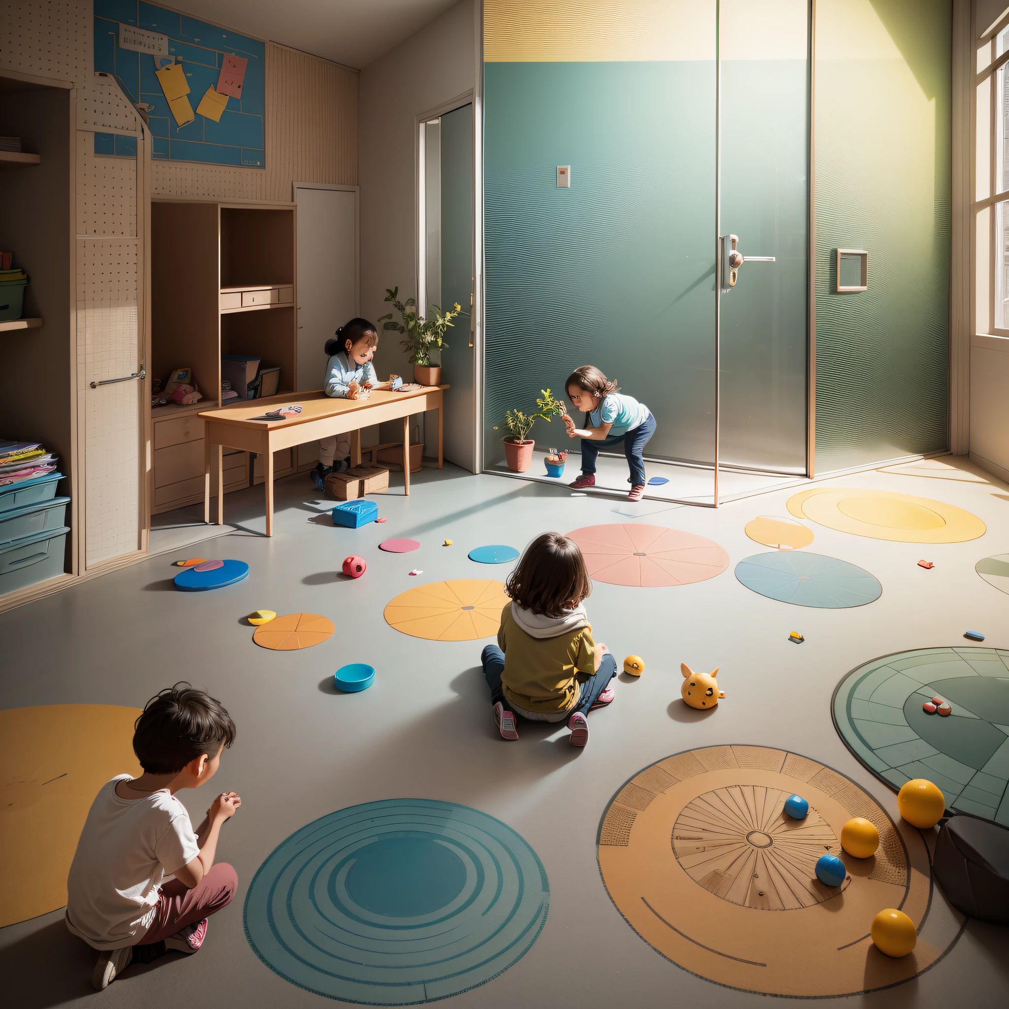 In the kindergarten space, children play happily, ground view, whimsy.