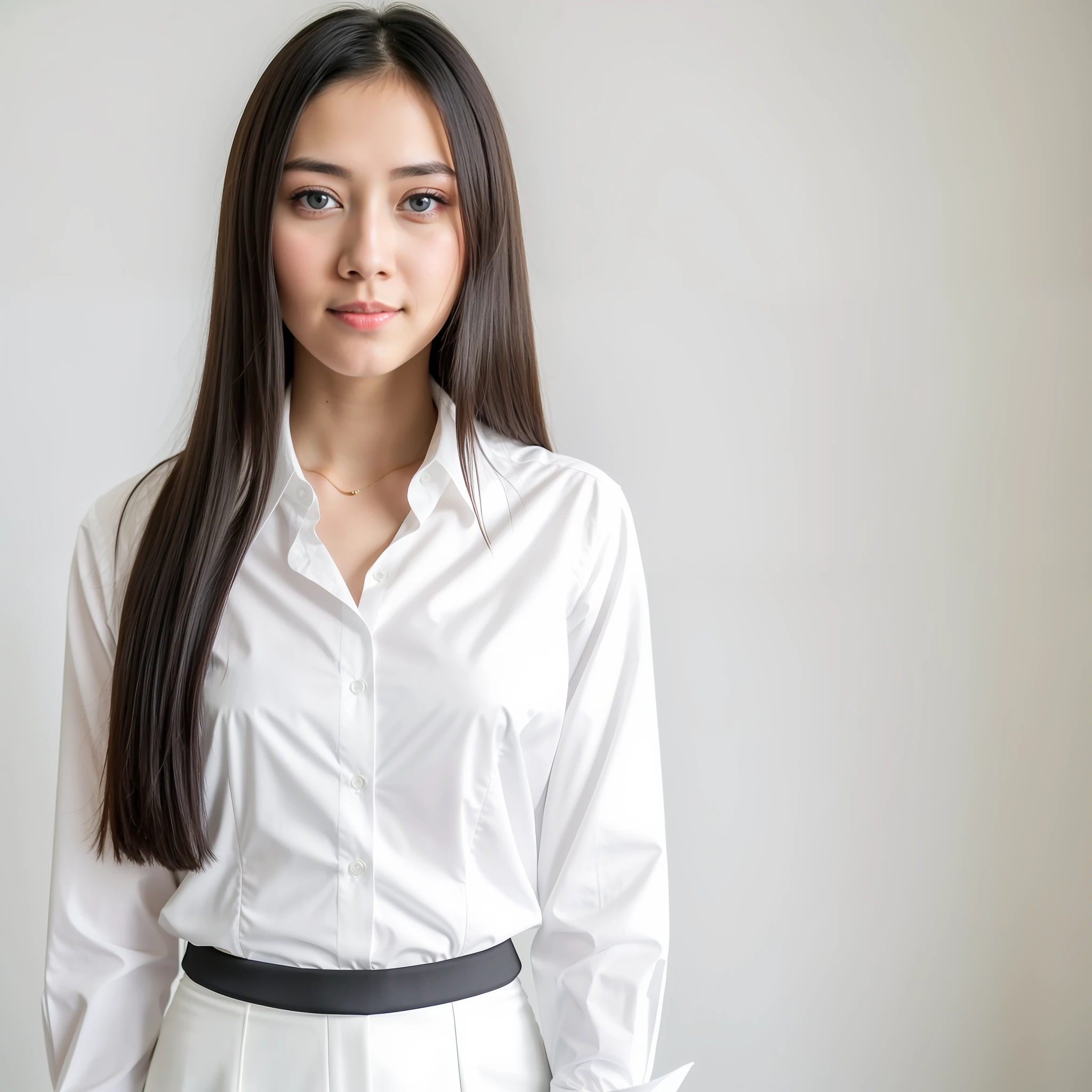 RAW photo, a portrait photo of a young office lady in a black suit and white shirt, large eyes, long haircut, pale skin, slim body, office background, (high detailed skin:1.2), 8k uhd, dslr, soft lighting, high quality, film grain, Fujifilm XT3