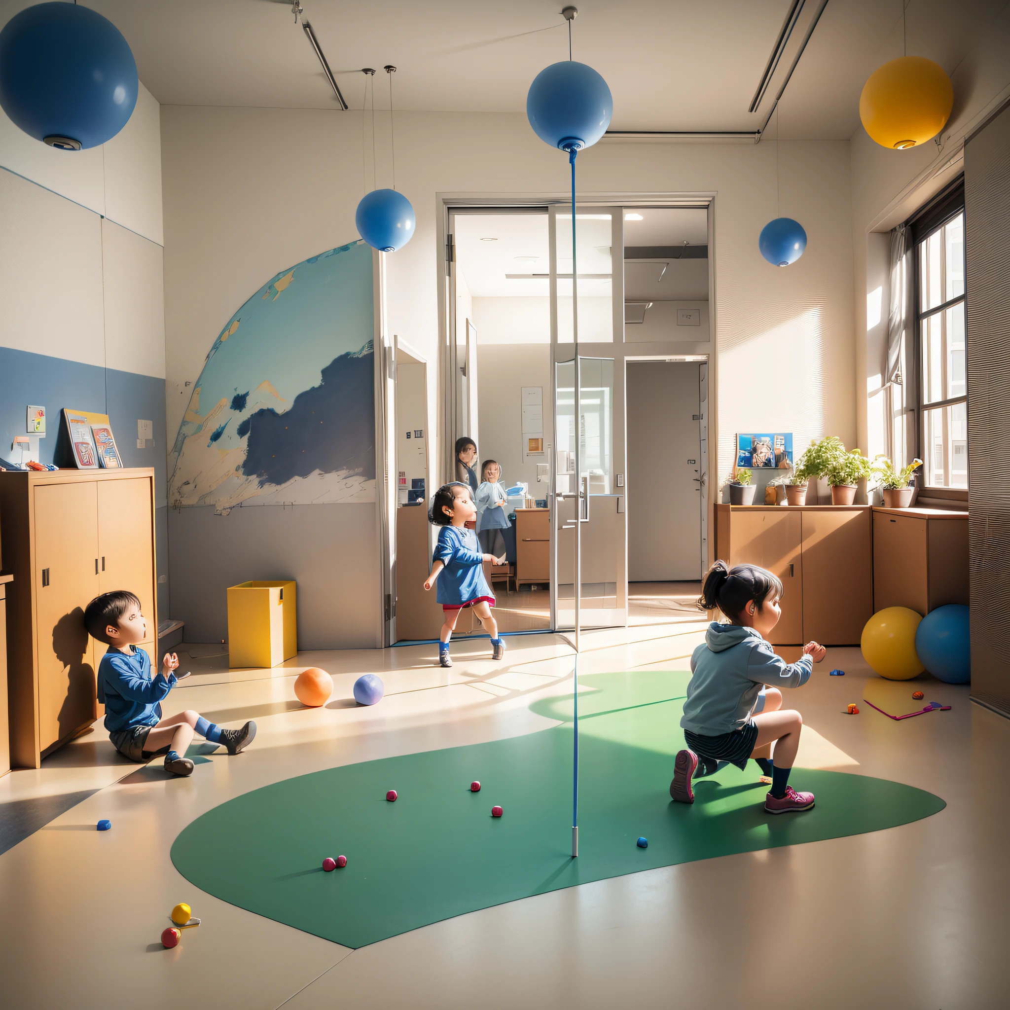 In the kindergarten space, children play happily, ground view, whimsy.
