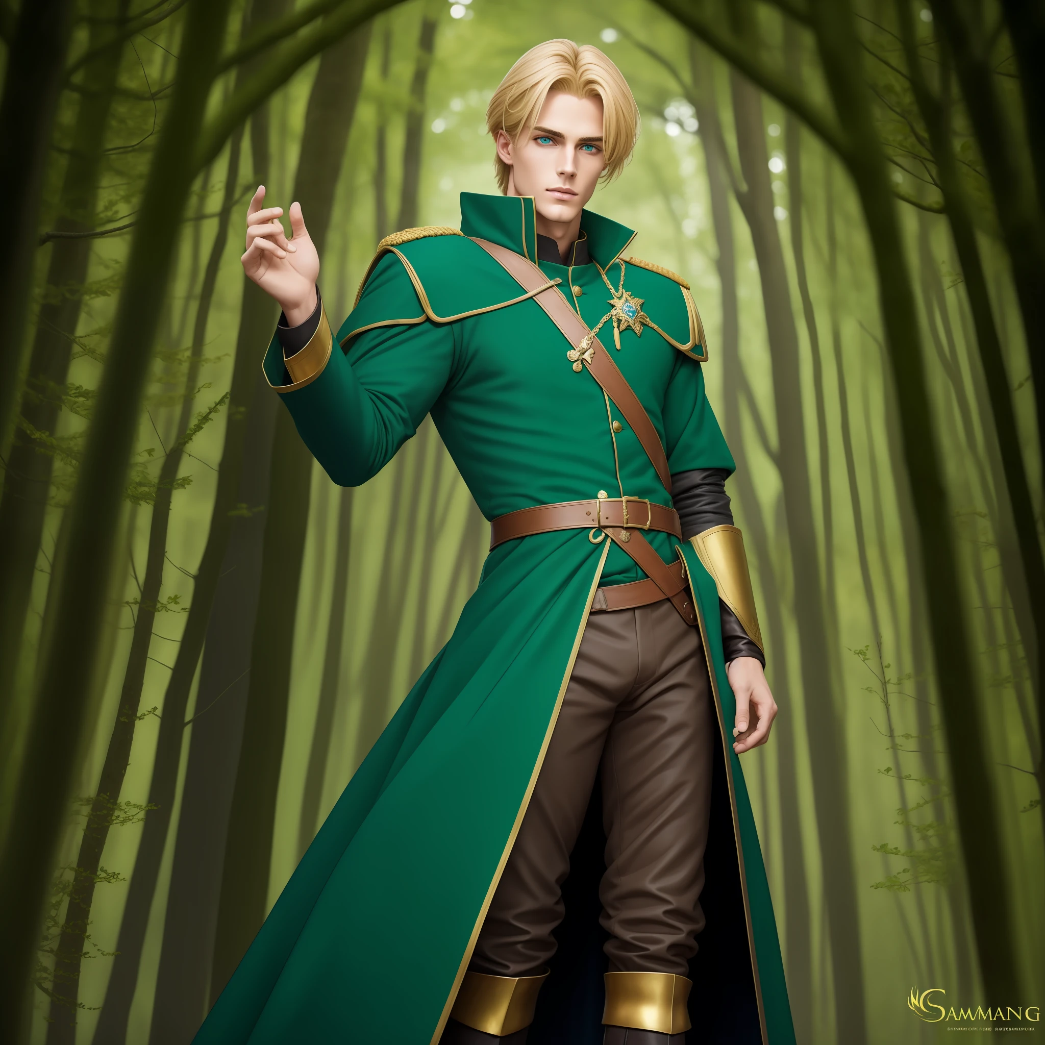 Neels Visser is a prince who has golden blonde hair, wears a moss green medieval military outfit, looking forward with piercing emerald green gaze. full body, Samyang art