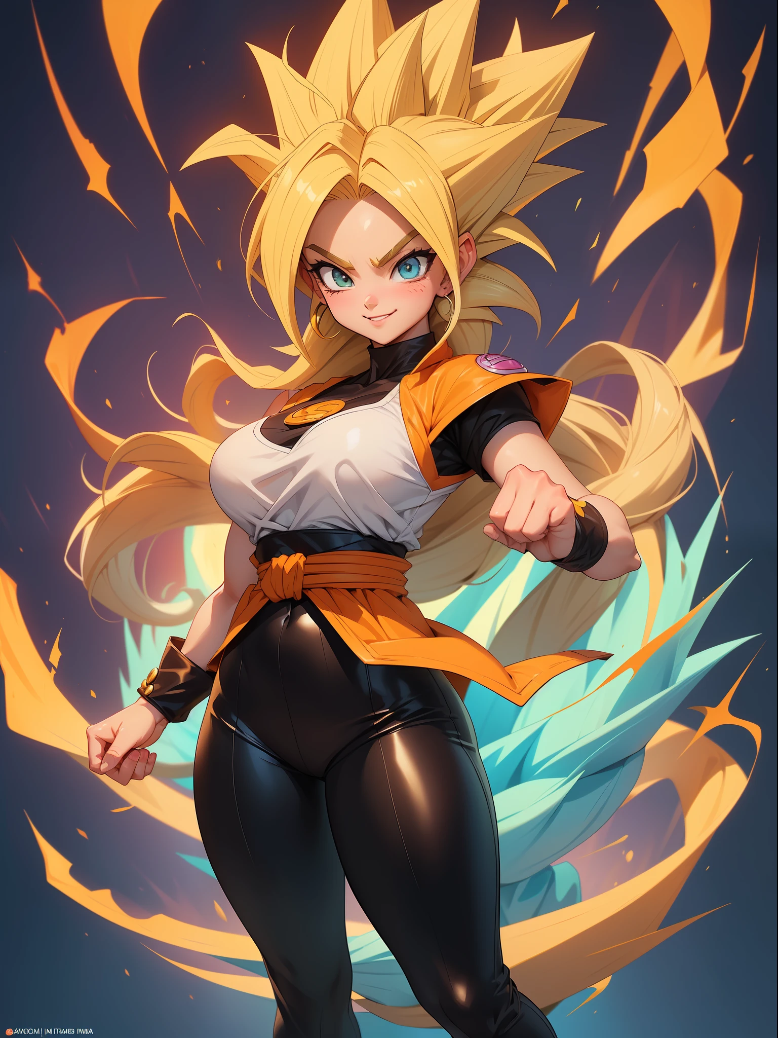 {((Full body photo, flat feet, straight body, Dragon Ball anime style))}, {((Laura/female, large breasts, extremely beautiful))}, {((she's wearing the ultra super saiyan+Super Saiyan instinct wearing Son Goku's costumes+extremely tight on her body))}. {In a futurist}. {She's in her clothes and body extremely sweaty}; {(She's looking at the viewer, smiling, fists clenched, concentrating magical aura on her hands, in a frontal attack pose)}. Dragon Ball anime, high detail, anime, 16k, UHD, retina, retina, ccurate, anatomically correct, textured skin, super detail, high quality, award-winning