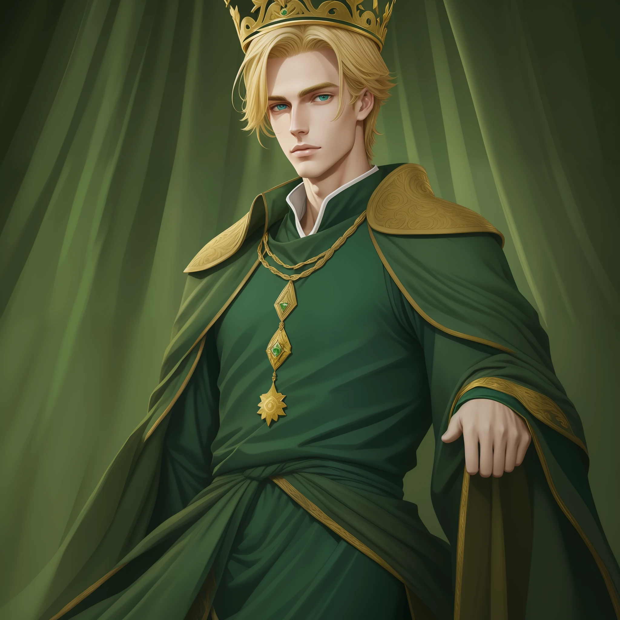 Neels Visser is a prince who has golden blonde hair, wears a moss green medieval military outfit, has a crown of royalty on his forehead, looking forward with piercing emerald green gaze. full body, art by Citemer Liu