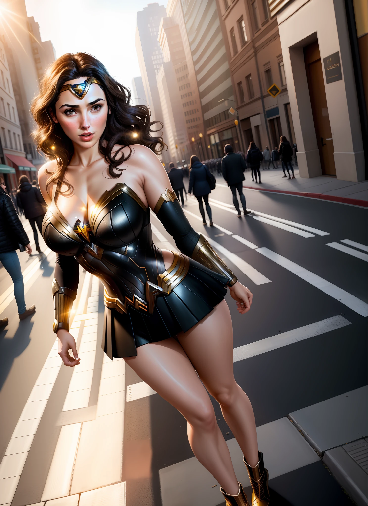 gal gadot , big boobs , thick thighs , street photography, hyper detailed, hyper realistic, morning sunshine, full body portrait