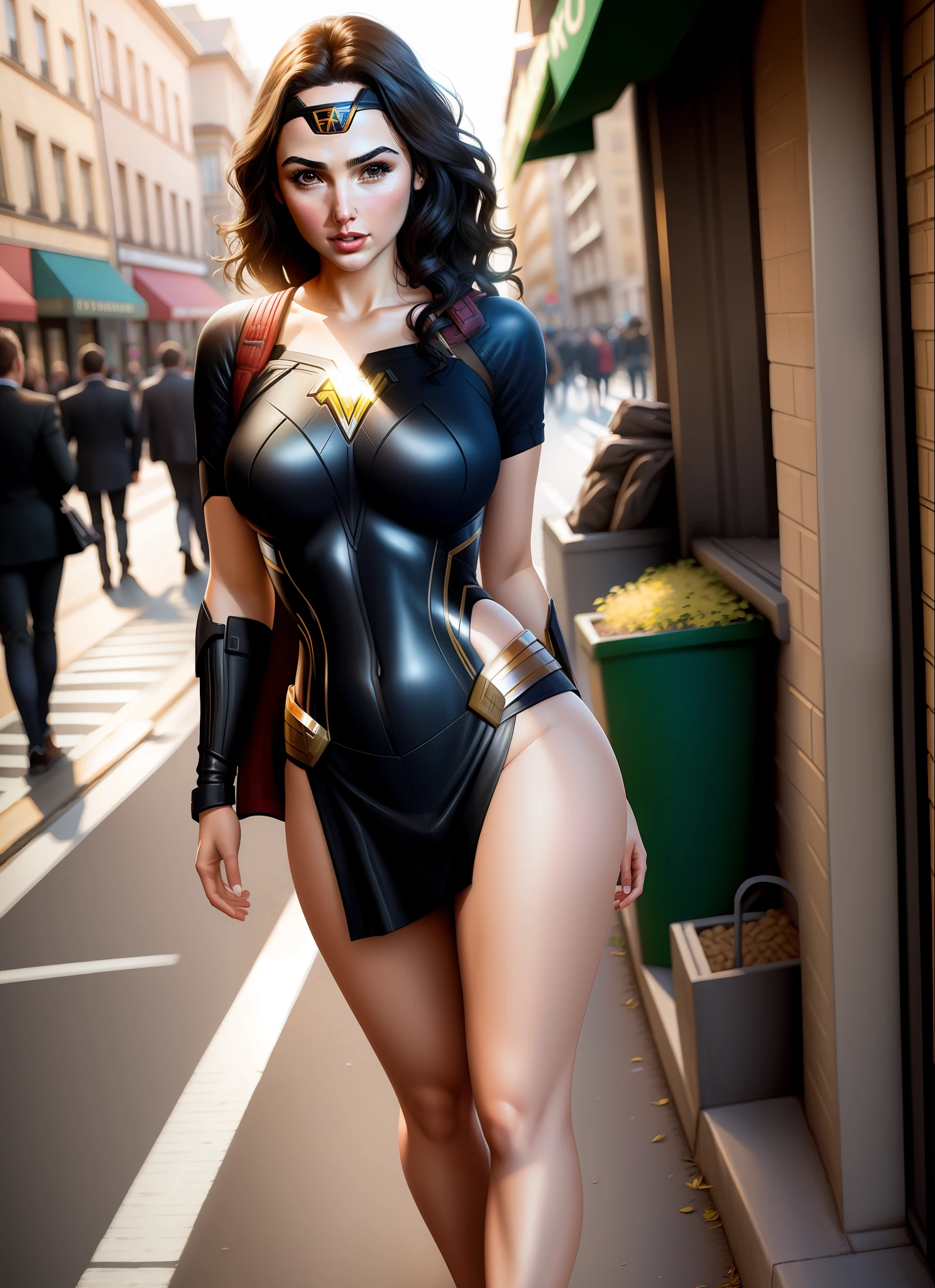 gal gadot , big boobs , thick thighs , street photography, hyper detailed, hyper realistic, morning sunshine, full body portrait