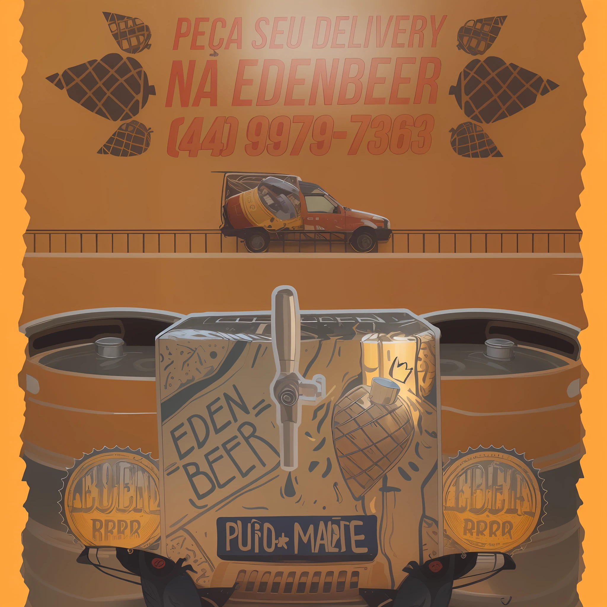 a close up of a beer keg with a truck in the background, paul pepera, beer, eden, by Caesar Andrade Faini, by Kuno Veeber, ad image, by Felipe Seade, by Alexander Bogen, by Emerson Silva, beer advertisement, by Edwin Georgi, full device, by Americo Makk