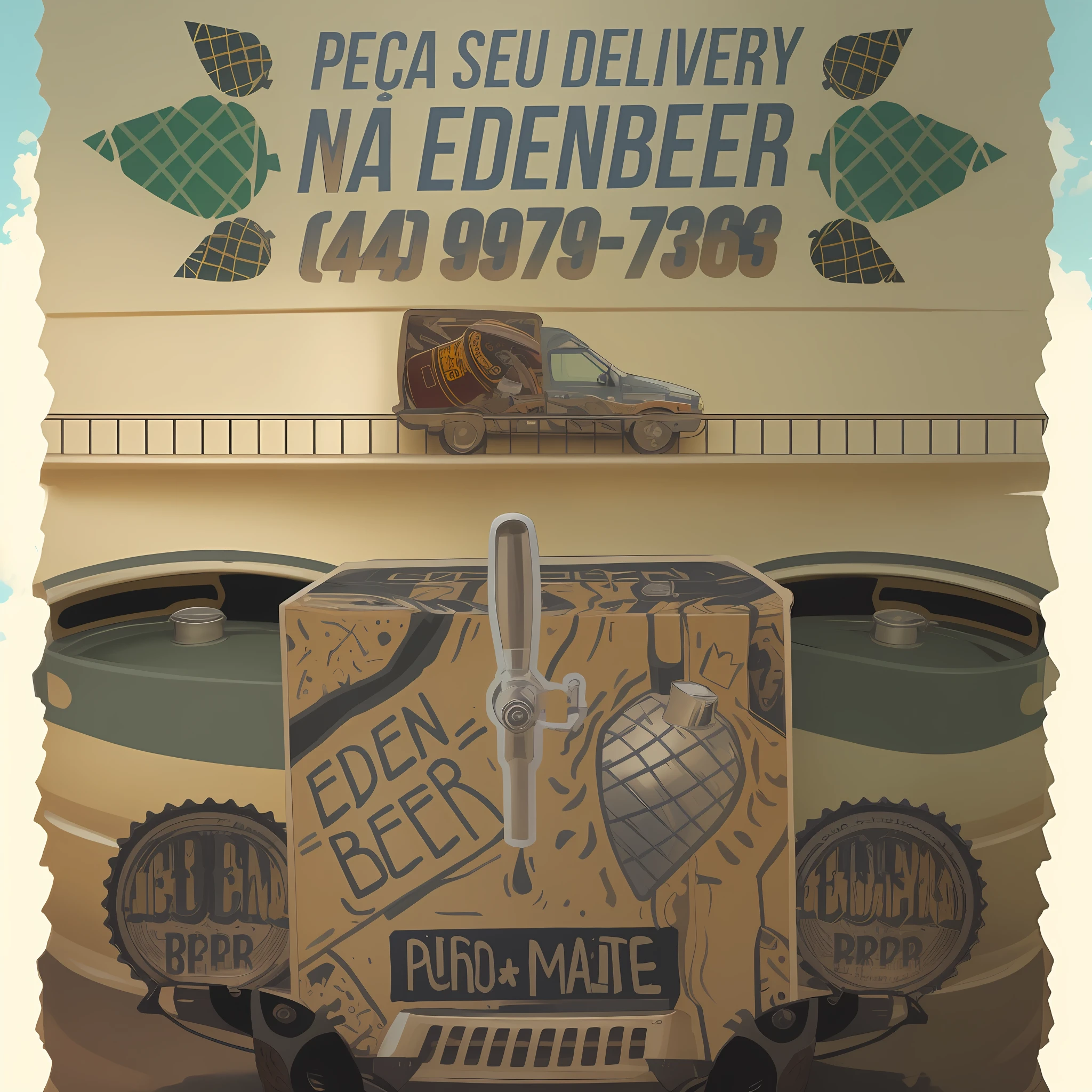 a close up of a beer keg with a truck in the background, paul pepera, beer, eden, by Caesar Andrade Faini, by Kuno Veeber, ad image, by Felipe Seade, by Alexander Bogen, by Emerson Silva, beer advertisement, by Edwin Georgi, full device, by Americo Makk