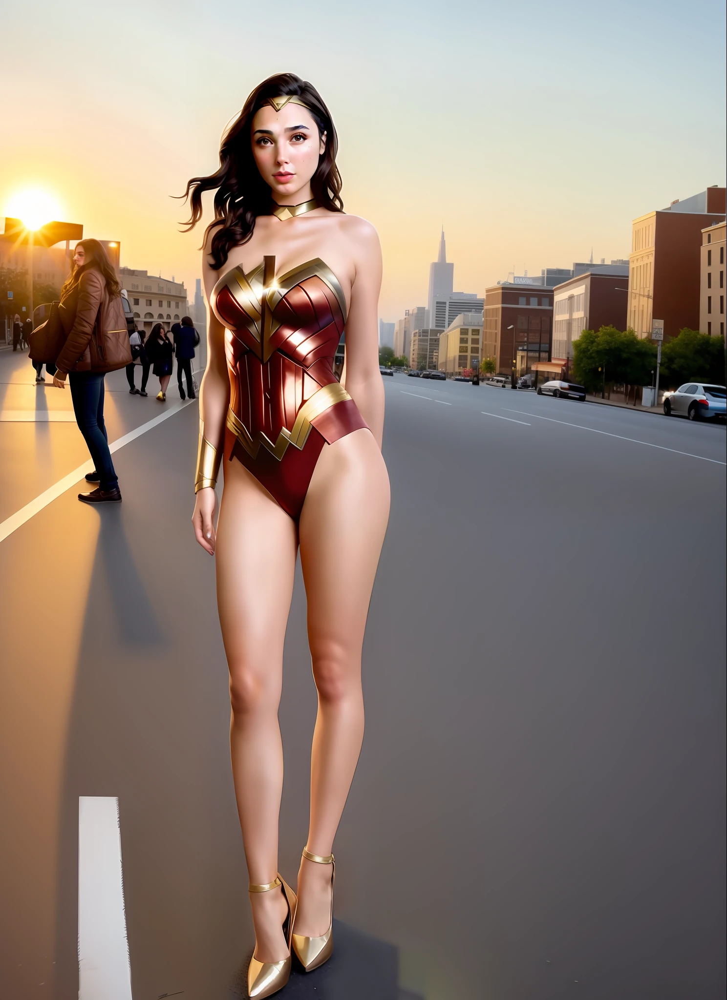 gal gadot , big boobs , thick thighs , street photography, hyper detailed, hyper realistic, morning sunshine, full body portrait