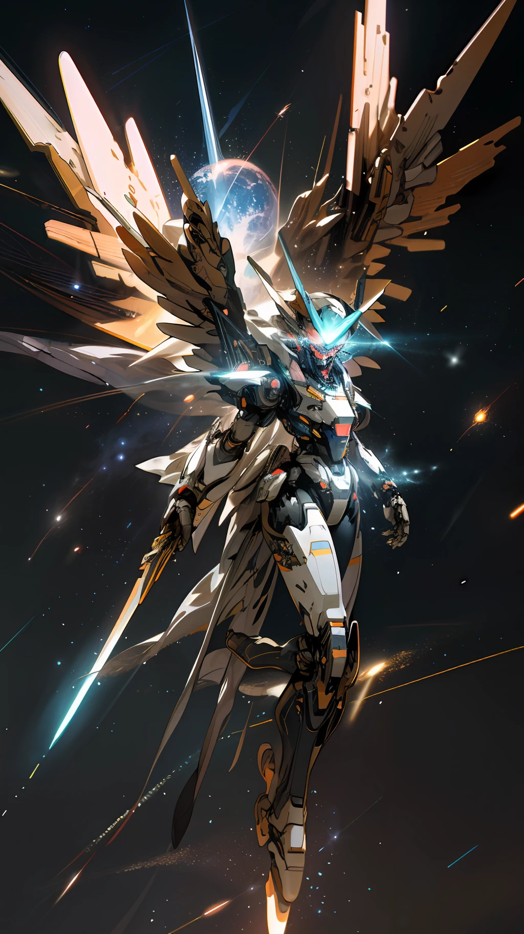 In space, huge planet, nebula, holding weapons, no humans, glowing, (female mech: 1.2), female robot, giant mechanical wings, mech wings, (flying in space: 1.3), comet fragments , glowing eyes, red mecha, science fiction, space, reality, mecha, galaxy background, neon lights, cyberpunk, HD wallpaper, CG art
