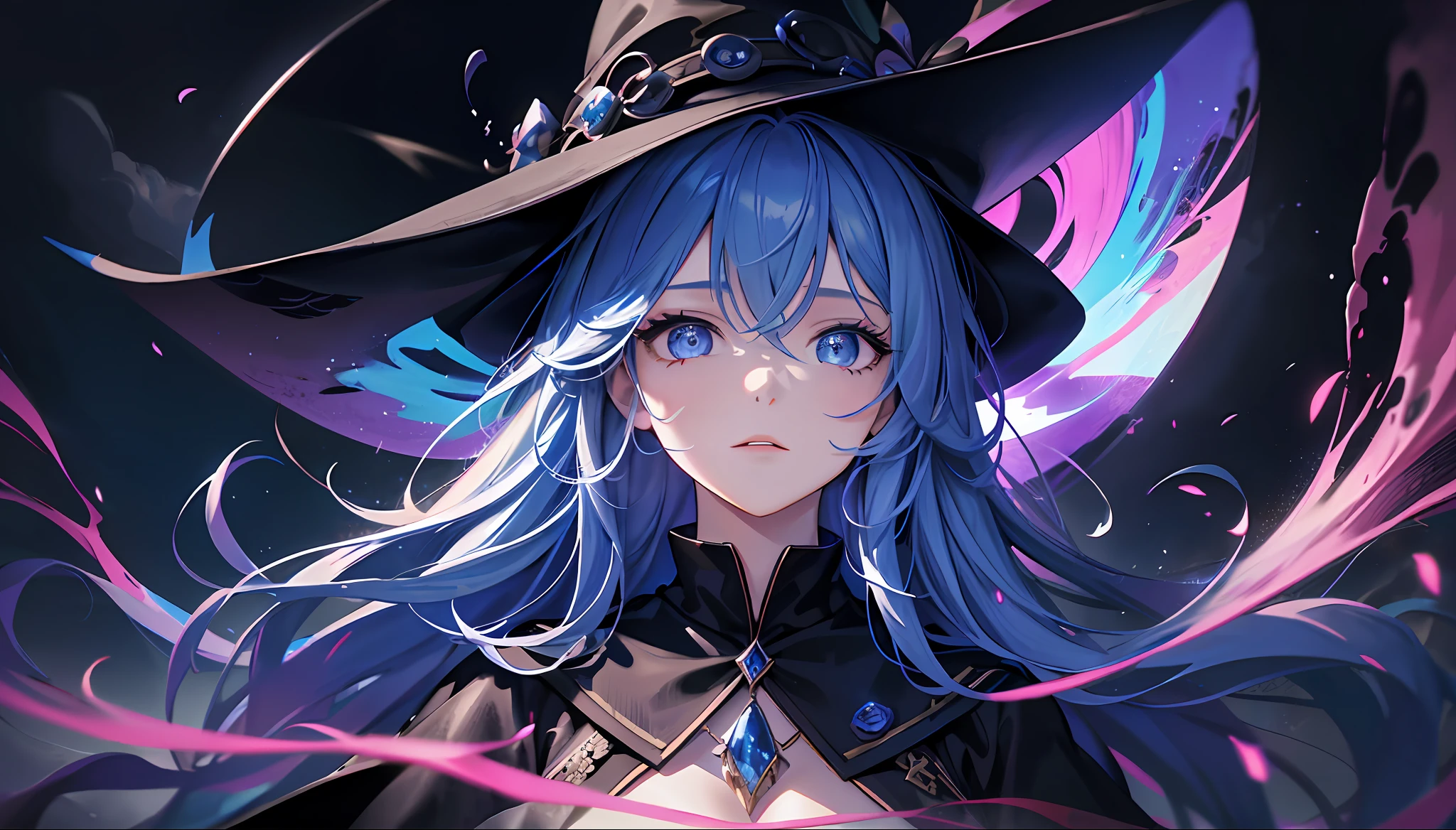 masterpiece, top quality, best quality, official art, beautiful and aesthetic:1.2), (1girl:1.3), long hair, side braids, extremely detailed, portrait, looking up, solo, half shot, detailed background, (gothic theme of the dark ages:1.1), witch hat, witch, magical atmosphere, hair flowing in the wind, light colored clothes trimmed blue, dynamic pose, colorful whirlwind of bright lightning in the air, Dark magic, (style-swirlmagic: 0.8), floating particles, underground dungeon background, backlighting