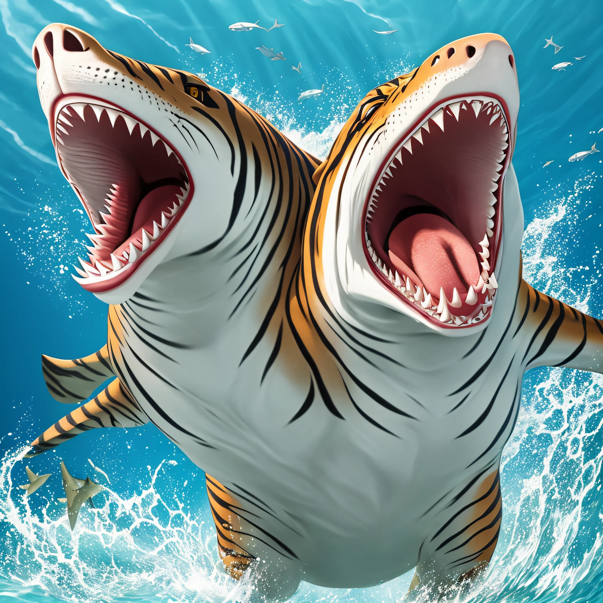 CLOSE-UP A TIGER SHARK JUMPING DAGUA WITH HEADPHONES LARGE OPEN MOUTH BRIGHT TEETH EMPTY BACKGROUND 3D REALISTIC --auto --s2