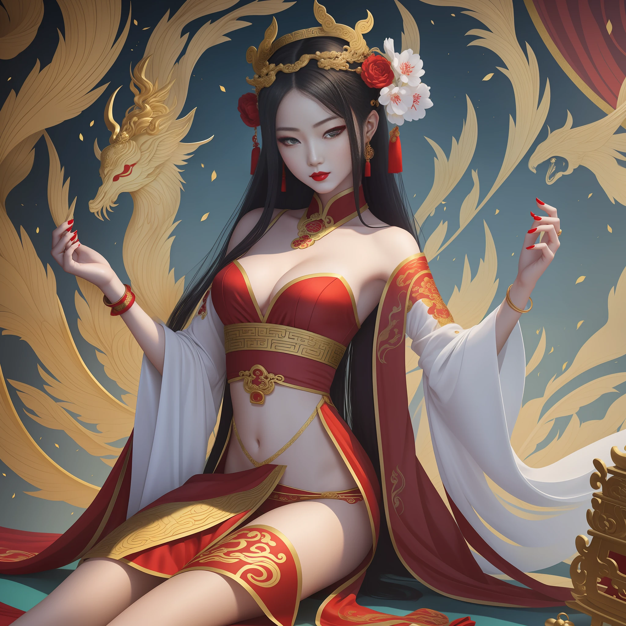 High-definition Chinese ancient style mythological painting, 20-year-old fairy with long golden hair, slender beautiful legs, wearing thin silk Hanfu and stockings, wearing ancient queen jewelry, lonely dance, background with Chinese Dunhuang mythological elements and sacred beasts, brilliant auspicious clouds floating on the picture, the painting style is gold dust of the Six Dynasties, Western aesthetics enchanting and sexy, slender body and tattoos give her a unique personality, cinnabar red lips and white matching shows the beauty of heaven.