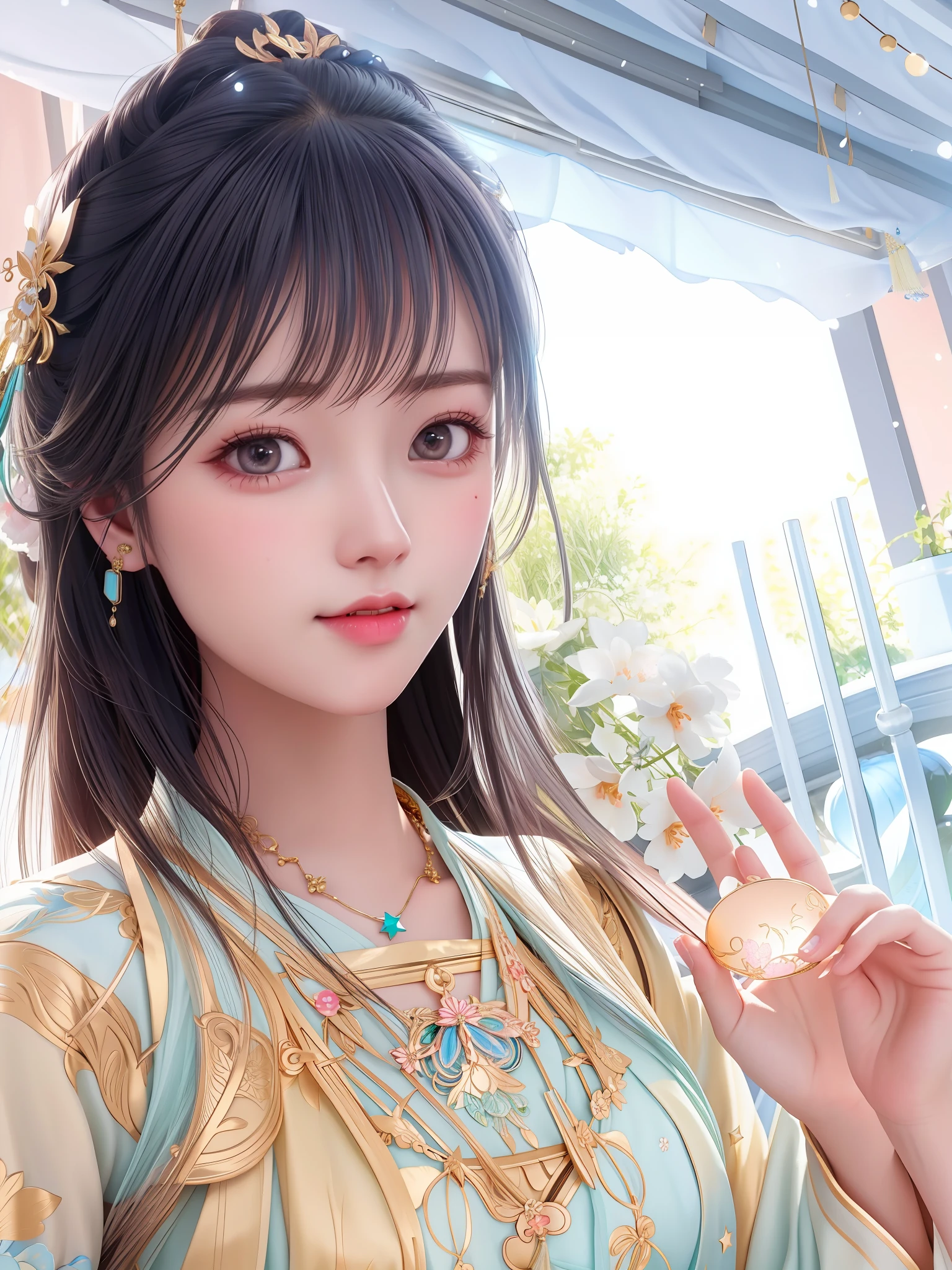 best quality, masterpiece, highres, 1girl,blush,(seductive smile:0.8),star-shaped pupils,china hanfu,hair ornament,necklace, jewelry,Beautiful face,upon_body, tyndall effect,photorealistic, dark studio, rim lighting, two tone lighting,(high detailed skin:1.2), 8k uhd, dslr, soft lighting, high quality, volumetric lighting, candid, Photograph, high resolution, 4k, 8k, Bokeh