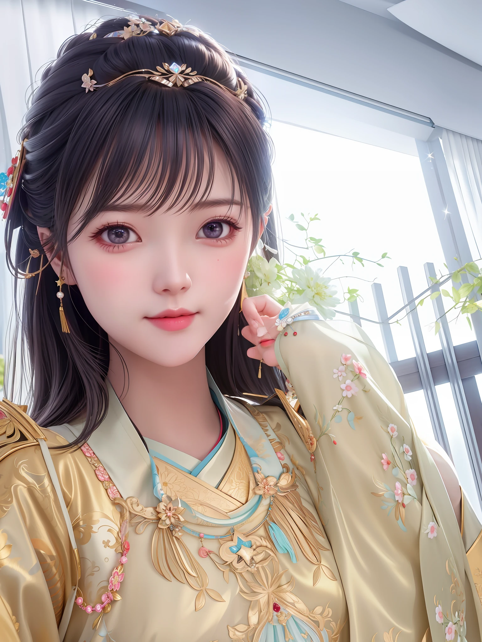 best quality, masterpiece, highres, 1girl,blush,(seductive smile:0.8),star-shaped pupils,china hanfu,hair ornament,necklace, jewelry,Beautiful face,upon_body, tyndall effect,photorealistic, dark studio, rim lighting, two tone lighting,(high detailed skin:1.2), 8k uhd, dslr, soft lighting, high quality, volumetric lighting, candid, Photograph, high resolution, 4k, 8k, Bokeh