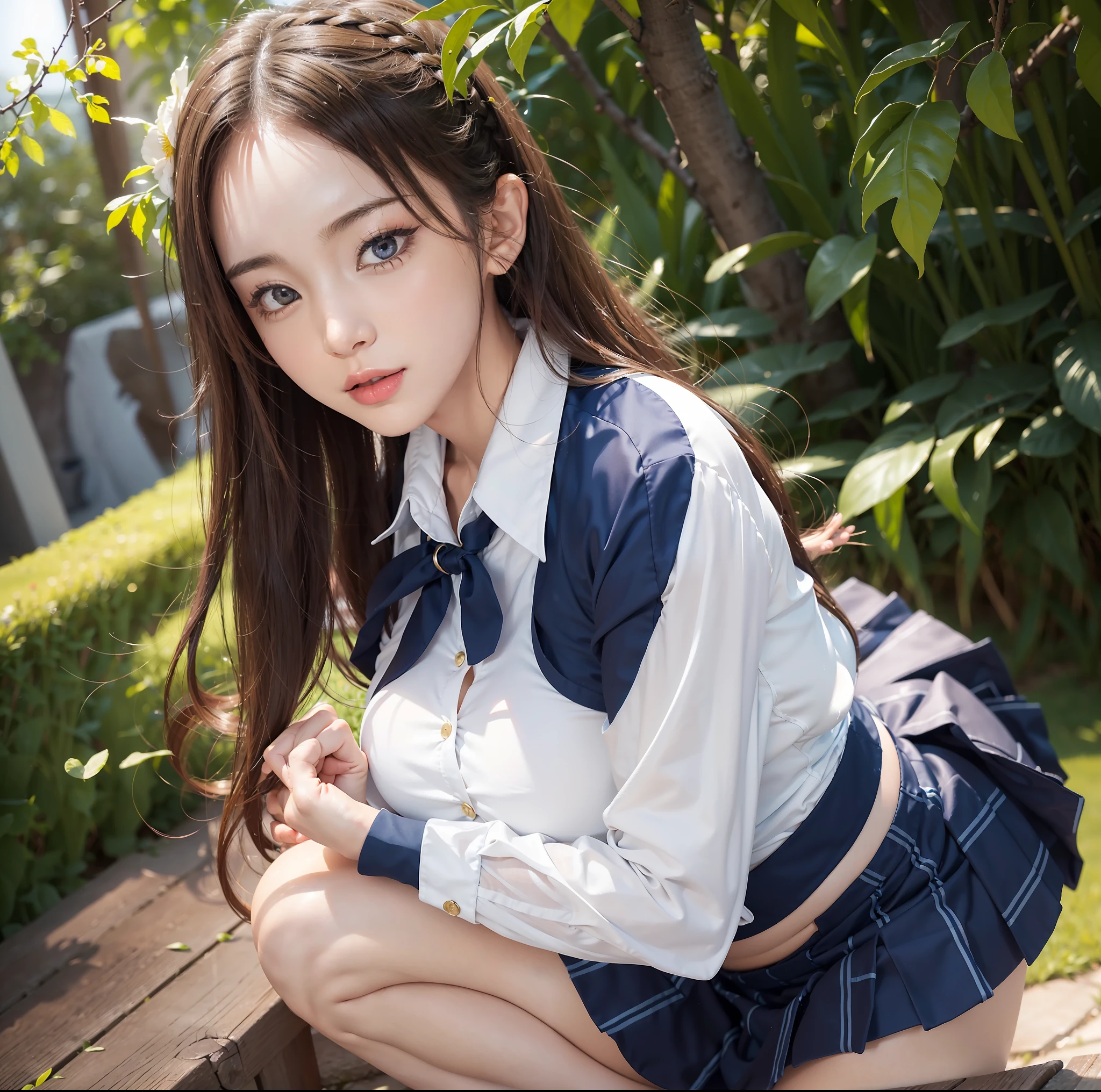 ulzzang-6500-v1.1, (highest quality, masterpiece), (raw photo: 1.2), (photorealistic: 1.4), highest quality, master, illustration, very tasty and beautiful, highly detailed CG, unity, 8k wallpaper, amazing, fine details, master masterpiece, best quality, official art, highly detailed CG unified 8k wallpaper, huge file size, Very detailed, high resolution, two girls, (snugly next to each other without separation between characters), (no breaks in one piece), teens to thirties, (representation of the human body based on precise anatomy), intricate details, ((wearing the uniform of a Japan schoolgirl)), (neat white blouse and super mini navy blue pleated skirt), blonde, (very big breasts)), (woman with very big), ( blouse cramped and braless because of big), (big buttocks), (thin thighs), very beautiful eyes, bright ultramarine eyes, (detailed pupils reflecting light), (the iris of the eye is painted with fine patterned details), natural eye shadow, realistic shading on the body assuming a light source, cute girl and mature beauty, whitening skin, baby face, ( various poses before and after standing or squatting or sleeping), poses that emphasize the buttocks, blush, do not want to hide the buttocks, ecstatic look, troubled look, smile, many races, showing off plump buttocks, people who firmly believe that buttocks are important and want to show off their buttocks, touching pants with hands with folded middle and ring fingers, bare buttocks, backward posture, long hair braided in part, Hugging and touching cheeks with people next to each other, holding hands, touching the cheeks of other subjects, (no matter what pose you pose, the skirt is always twisted by the wind or hands so that your pants and buttocks are fully visible), NSFW, beautiful garden with flowers, clear sunshine,