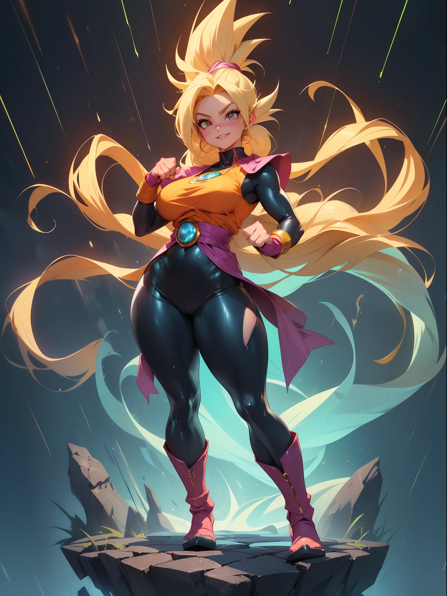 {((Full body photo, flat feet, straight body))}, {((Laura/woman, big breasts, extremely beautiful))}, {((she's like Super Saiyan wearing Son Goku+'s costumes+extremely tight on her body)}. {In a futuristic city, at night raining + strong thunder in the sky}. {She's in her clothes and body extremely sweaty}; {(She's looking at the viewer, smiling, fists clenched, concentrating magical aura on her hands, in a frontal attack pose)}. Dragon Ball anime, high detail, anime, 16k, UHD, retina, retina, ccurate, anatomically correct, textured skin, super detail, high quality, award-winning