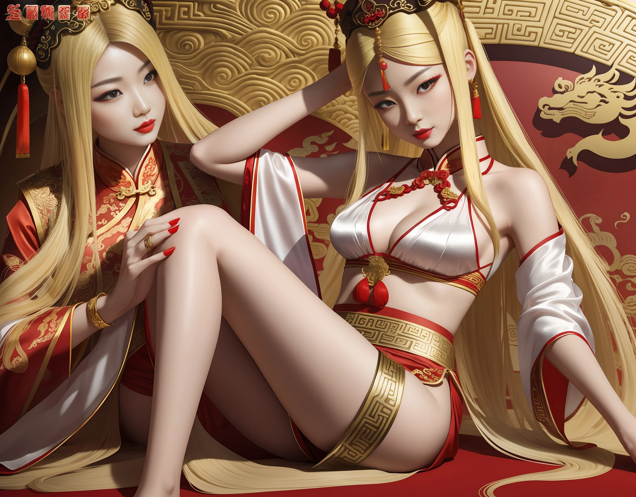 High quality, high resolution) Chinese ancient style mythological paintings, fairy 20 years old, long hair and waist (blonde hair), slender beautiful legs, (Chinese Dunhuang mythological elements), (mythical beasts), (auspicious clouds: 1.4), (thin silk Hanfu), stockings, cinnabar red lips, ancient Chinese queen jewelry Lonely dance, six dynasties gold powder painting style, luxurious Chinese and Western aesthetics combined sexy and enchanting, slender hot exposed body + tattoo red, heavenly temptation