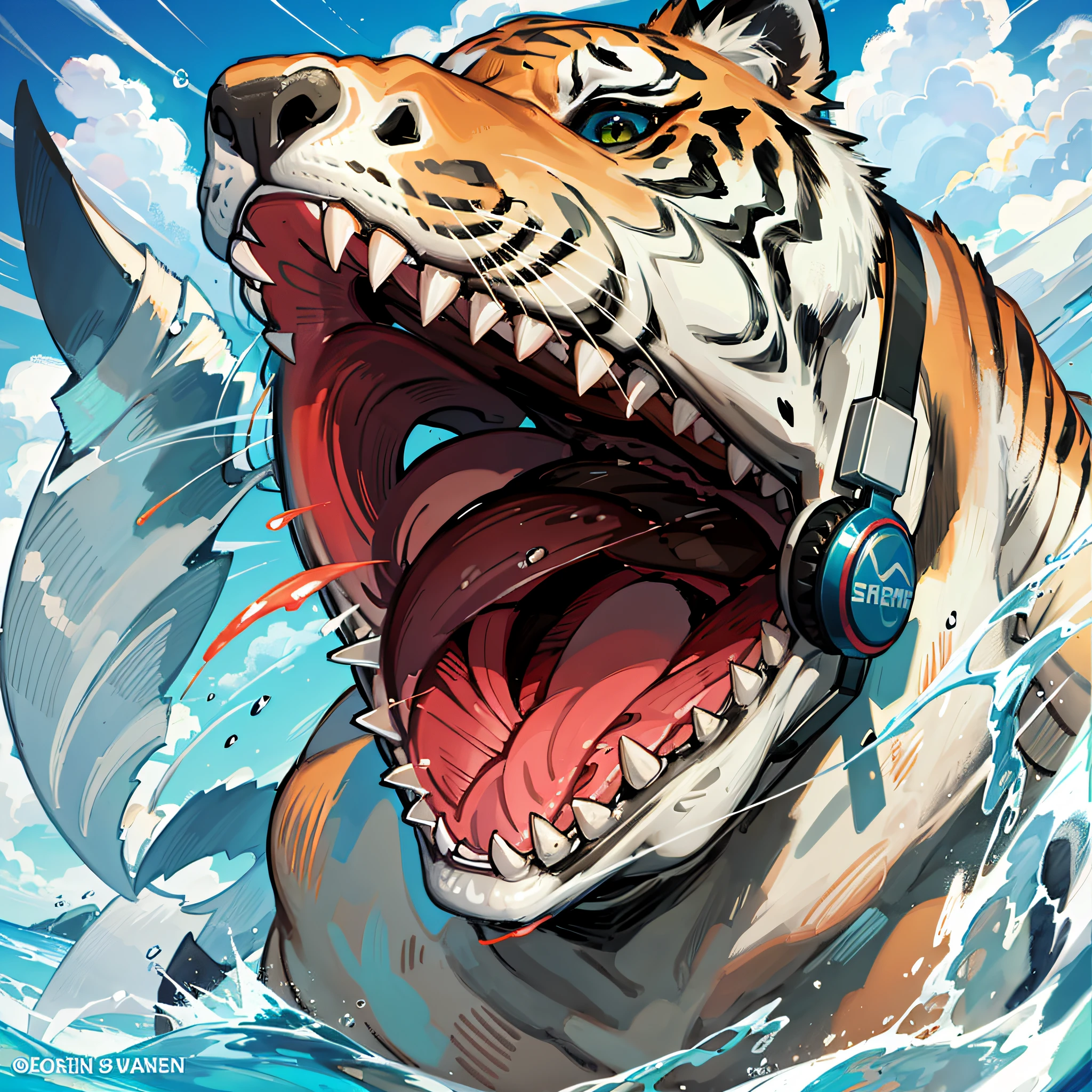 CLOSE-UP A TIGER SHARK JUMPING DAGUA WITH HEADPHONES LARGE OPEN MOUTH BRIGHT TEETH EMPTY BACKGROUND HYPER REALISTIC --auto --s2