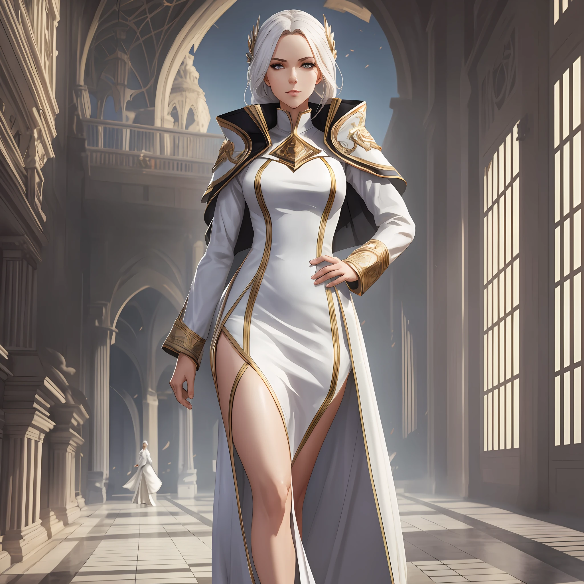 A woman in a white dress and black jacket poses for a photo, stunning character art, epic and exquisite character art, Alexandra Formina Art Station, WLOP style, WLOP art, WLOP style, complex WLOP, Cushart Krenz key art feminization, WLOP art, WLOP and Artgerm, full body, ultra HD 8K --auto --s2