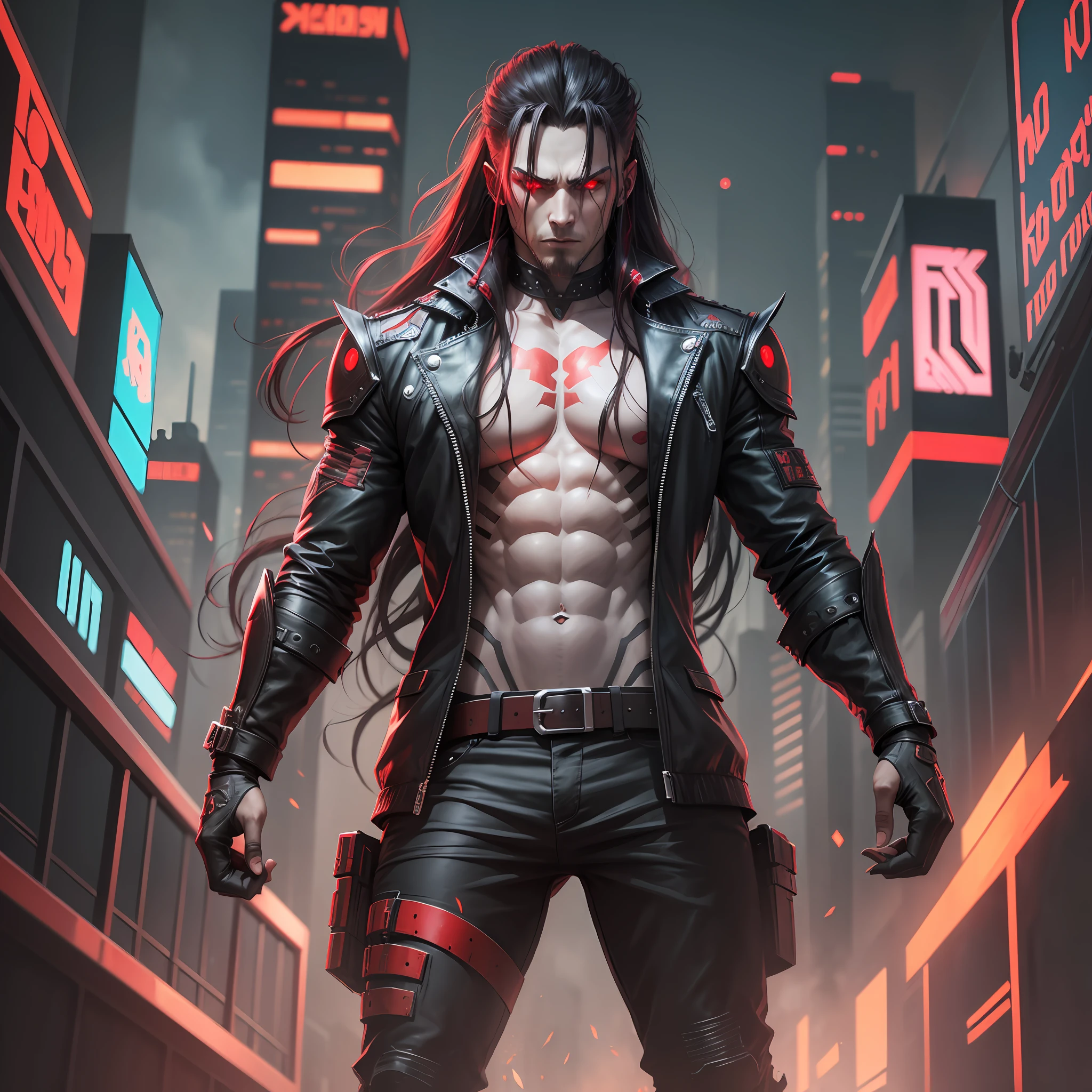 A DEMON (MAN) (30 YEARS) WITH RED EYES CYBERPUNK STYLE PORTRAIT STYLE (long hair)(full body) very strong --auto --s2