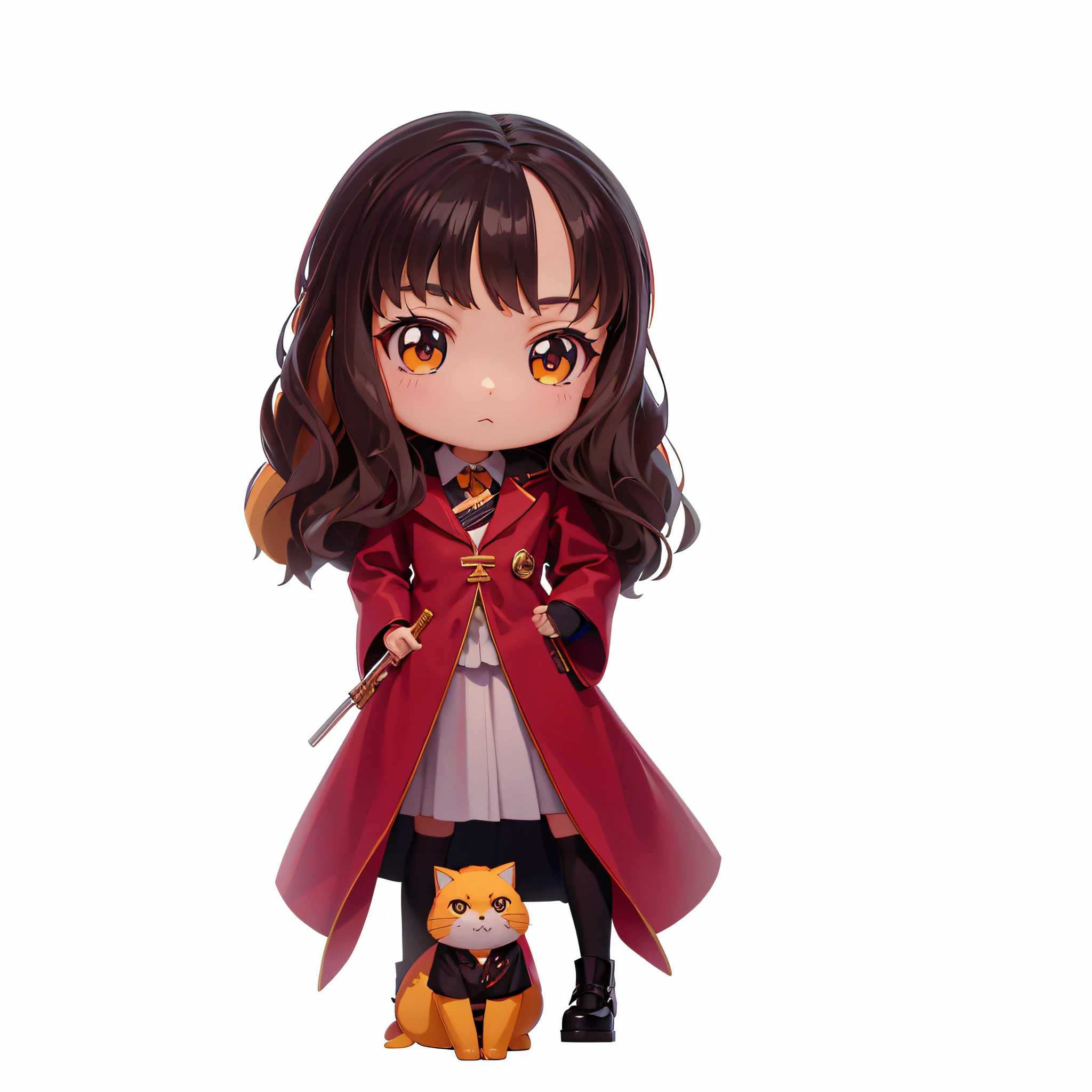 Close-up of a doll with a cat on black background, Rin Higashisaka, style for Nendoloid, Hermione, Nendoloid, Hermione Granger, Q Boskett, Nedroyd, Nedoloyd 3D, Rin, (highly detailed numbers), promotional art, cute: 2, detailed images, watercolor Nendoroi, two-dimensional anime style