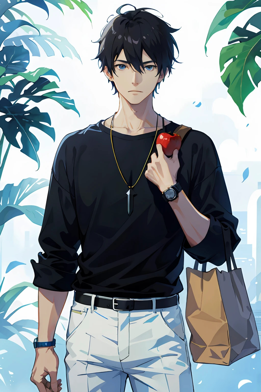 1boy, apple, bag, bangs, berry, black hair, black shirt, blue eyes, hair between eyes, jewelry, leaf, looking at the viewer, male focus, necklace, pants, shirt, solo, watch, white pants, wristwatch, messy hair, trend in artstation, 8k resolution, highly detailed, anatomically correct, sharp image, digital painting, concept art, trend in pixiv, makoto shinkai style