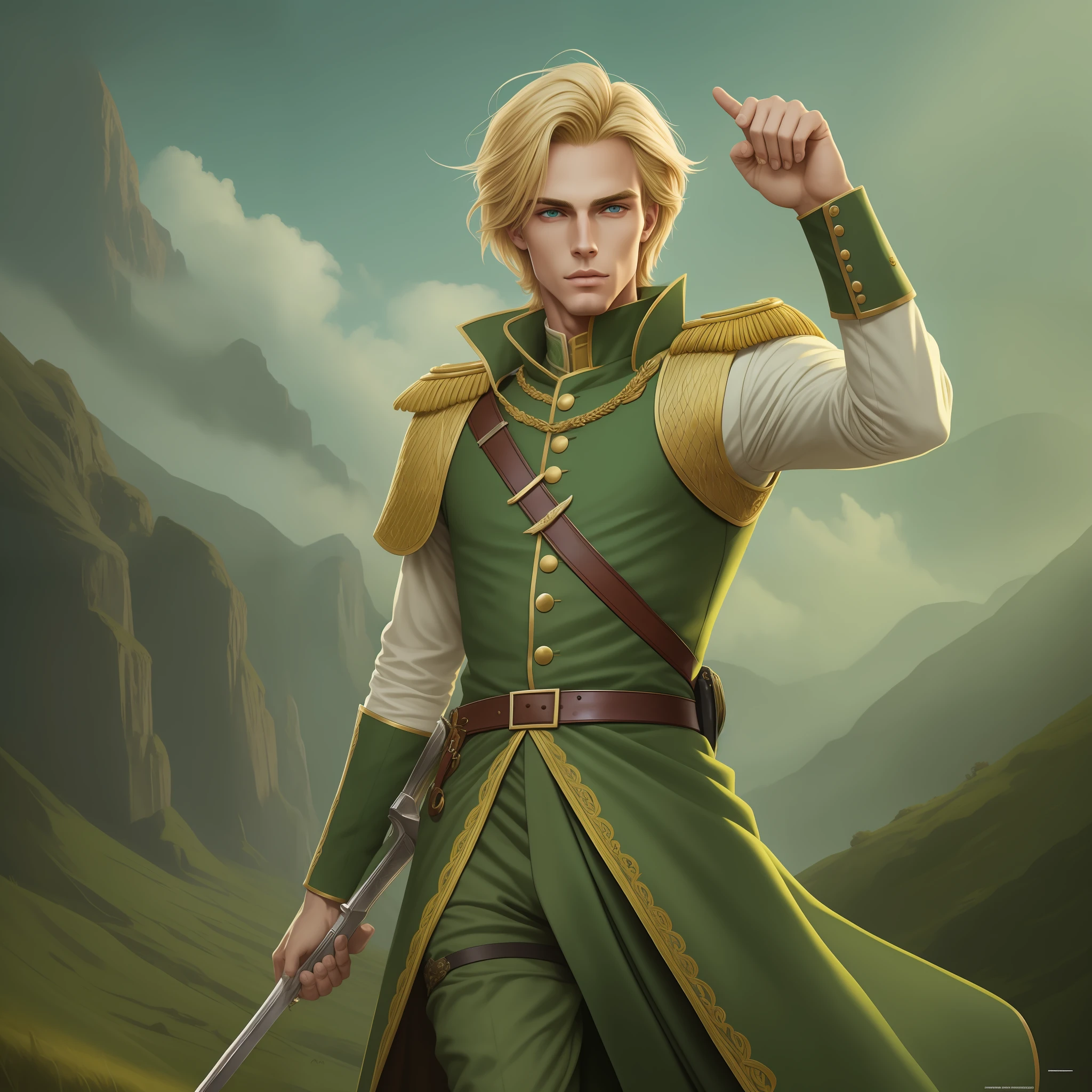 Neels Visser is a prince who has golden blonde hair, wears a moss green medieval military outfit, looking forward with piercing emerald green gaze. full body, art by Aykut Aydogdu