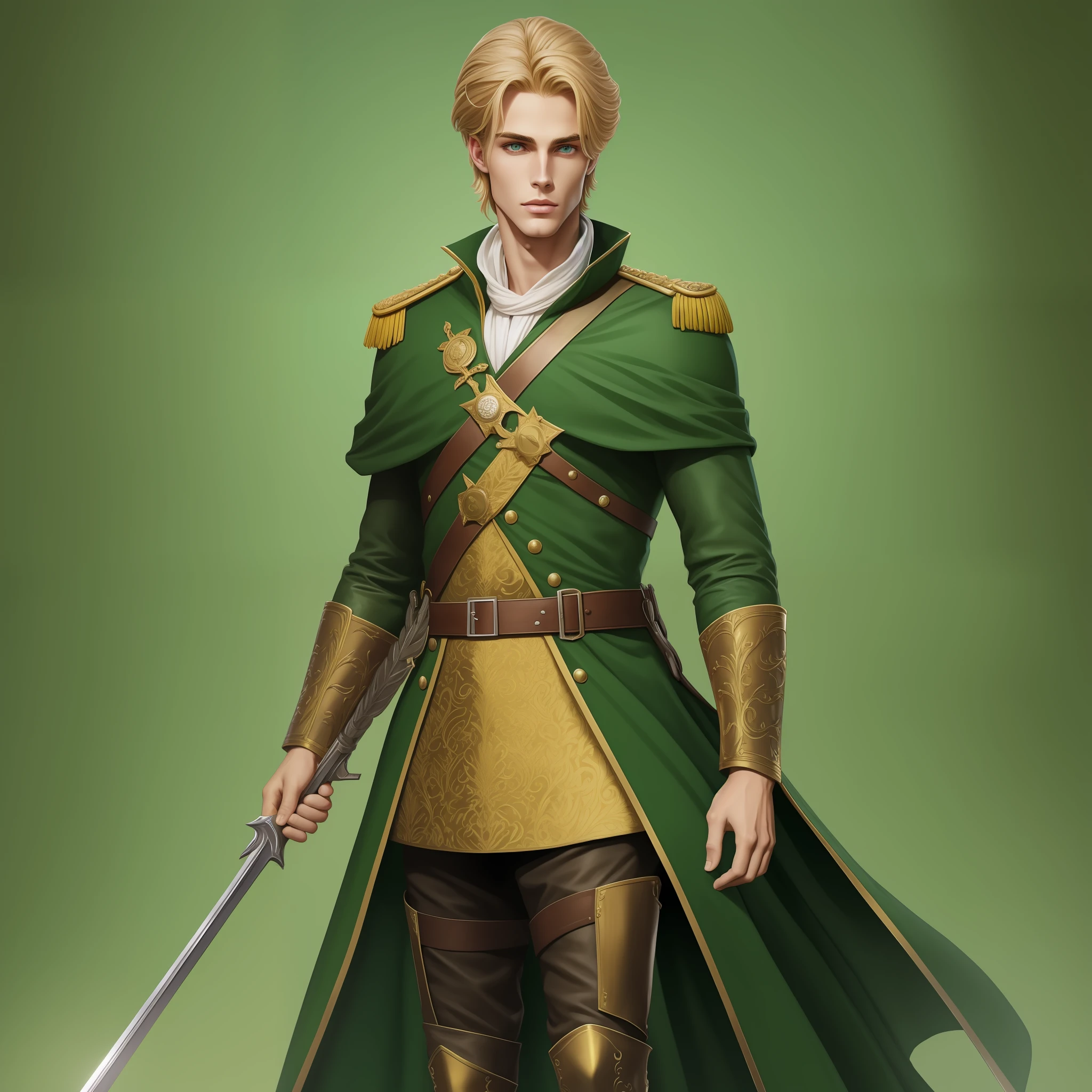 Neels Visser is a prince who has golden blonde hair, wears a moss green medieval military outfit, looking forward with piercing emerald green gaze. full body, art by Aykut Aydogdu