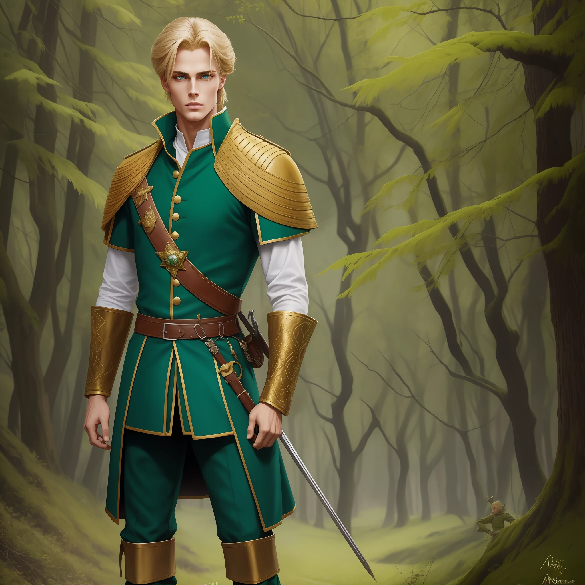 Neels Visser is a prince who has golden blonde hair, wears a moss green medieval military outfit, looking forward with piercing emerald green gaze. full body, art by Aykut Aydogdu