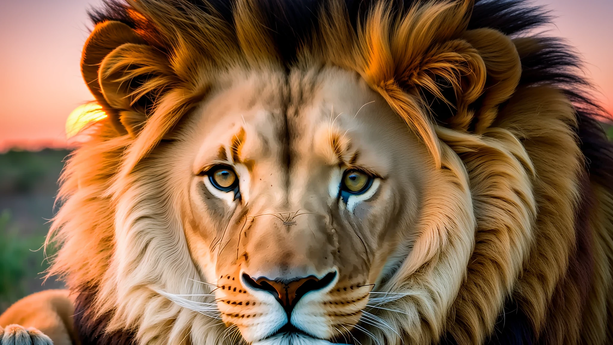 Lion, in Africa, end of day, sunset, realistic photography, ultra realistic, vivid colors, Sony a6600 Mirrorless Camera, embellish2 --auto --s2