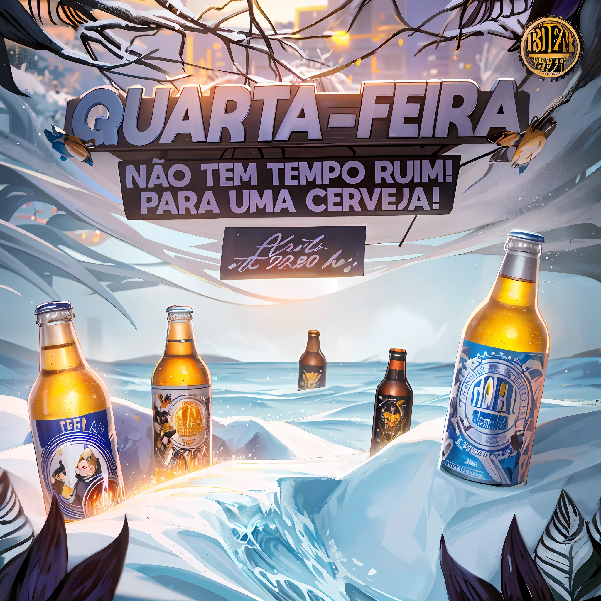 arafed advertisement for a beer company with a snowy background, beer advertisement, ad image, asuras, beer, bitter, 8 h, by Tuvia Beeri, by Félix Arauz, album artwork, description, 3945074687, wow, 1614572159, 🚀🌈🤩