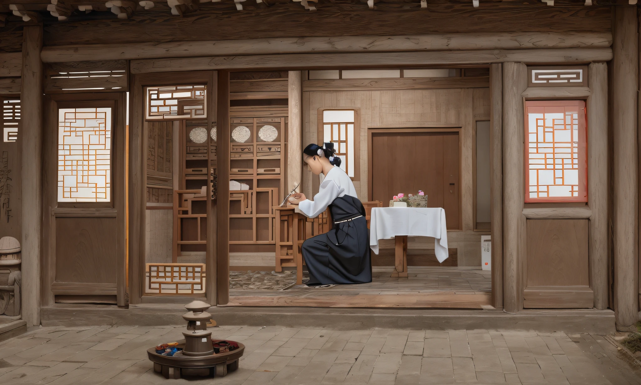 Traditional Chinese pastel ink painting, a person is configuring medicine, traditional Chinese medicine hall, there is a traditional Chinese wooden window hollow carving process,