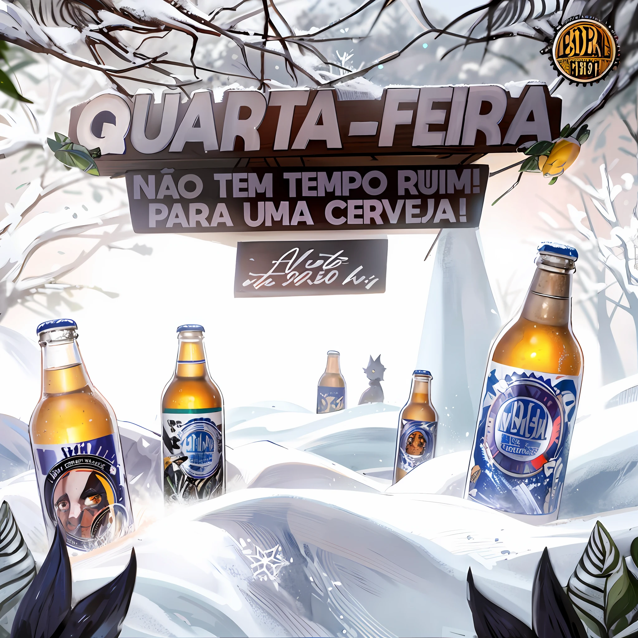arafed advertisement for a beer company with a snowy background, beer advertisement, ad image, asuras, beer, bitter, 8 h, by Tuvia Beeri, by Félix Arauz, album artwork, description, 3945074687, wow, 1614572159, 🚀🌈🤩