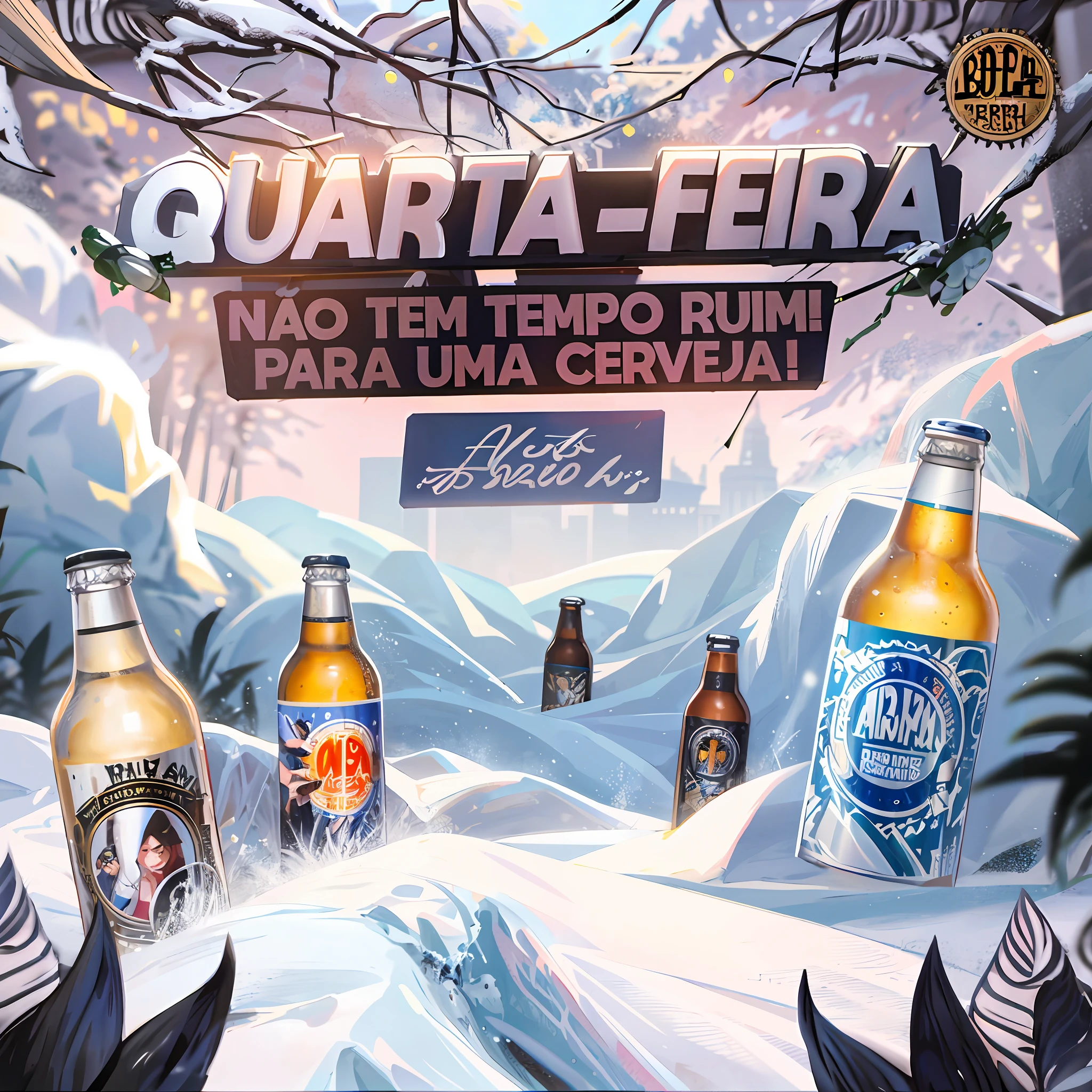 arafed advertisement for a beer company with a snowy background, beer advertisement, ad image, asuras, beer, bitter, 8 h, by Tuvia Beeri, by Félix Arauz, album artwork, description, 3945074687, wow, 1614572159, 🚀🌈🤩
