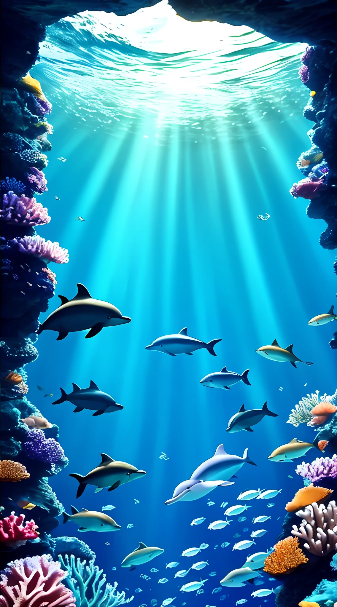 dolphins swimming in ocean with coral and fish, dolphin swimming, dolphin amazing detail, amazing depth, light and shadow detail, incredible depth, beautiful wallpaper, amazing wallpaper, underwater world, colorful colors, dolphin swimming, in the sea, underwater landscape, hd mobile wallpaper, mobile wallpaper, mobile wallpaper, amazing screensaver, underwater life, watching fish swimming, fish swimming