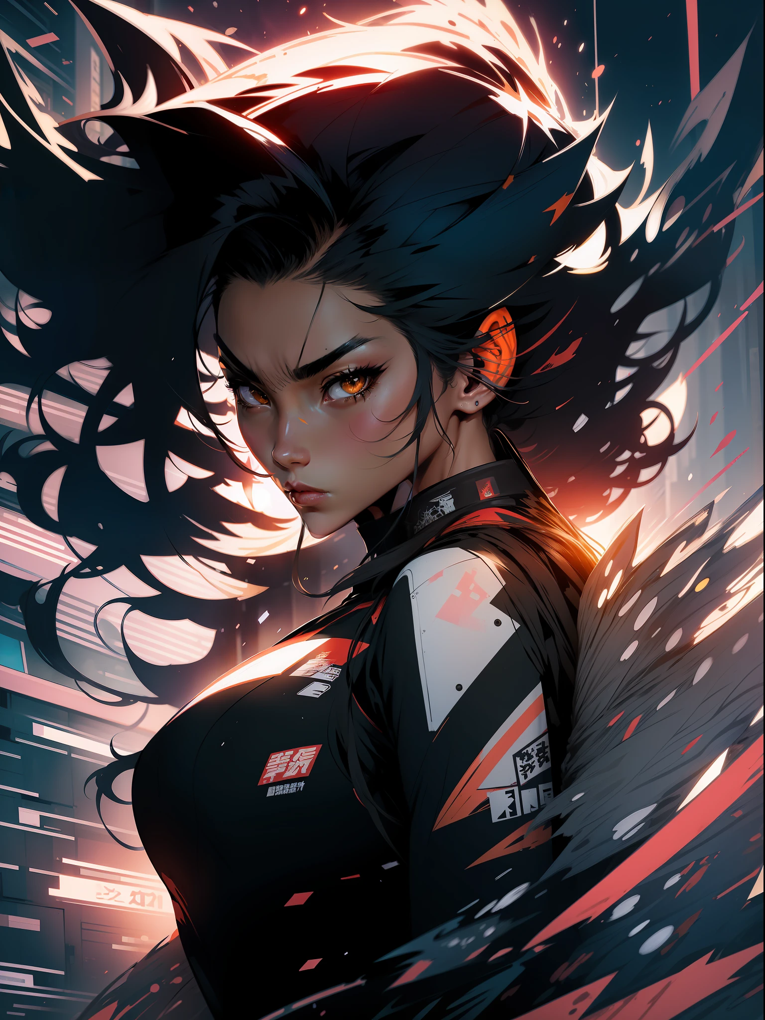 background, mixed-language_text, Japanese graffiti letters, a young warrior with long black hair cascading down her back. His eyes are a deep shade of amber, which shine with intensity when he is in battle. She possesses an athletic and slender appearance, with a confident and determined posture. Her skin has a light tan tone, evidencing her strength and endurance, photo, sticker art, freedom, soul, digital illustration, comic style, centered, approaching perfection, dynamic, highly detailed, watercolor painting, artstation, concept art, smooth, sharp focus, illustration, art by carne griffiths and ,alone anime, centered, approaching perfection, drawing style illustrator, anime style, body with futuristic tribal tattoo style designs in dragon shape, serious face and ultra detailed artwork, graffiti style destroyed city scenery with camera focus,