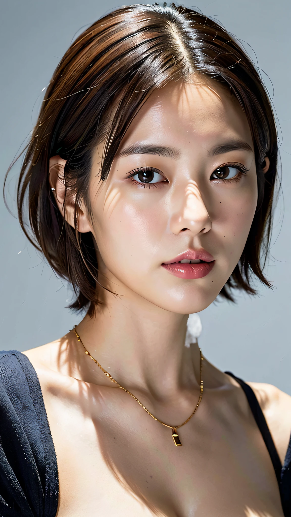 (Best quality, 8k, 32k, Masterpiece, UHD:1.2),Photo of Pretty Japanese woman, large breasts, very short bob hair,upper body,face focus,oversized_sweater, necklace, simple background, from above, looking at viewer,