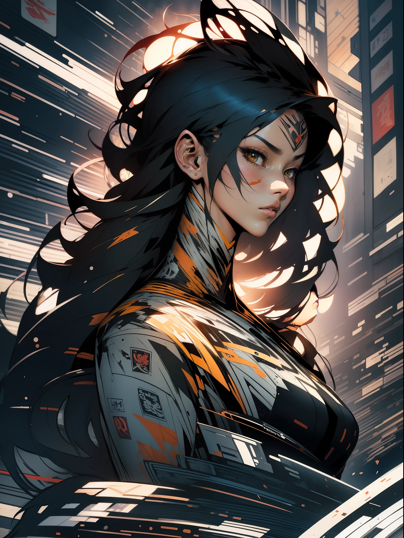 background, mixed-language_text, Japanese graffiti letters, a young warrior with long black hair cascading down her back. His eyes are a deep shade of amber, which shine with intensity when he is in battle. She possesses an athletic and slender appearance, with a confident and determined posture. Her skin has a light tan tone, evidencing her strength and endurance, photo, sticker art, freedom, soul, digital illustration, comic style, centered, approaching perfection, dynamic, highly detailed, watercolor painting, artstation, concept art, smooth, sharp focus, illustration, art by carne griffiths and ,alone anime, centered, approaching perfection, drawing style illustrator, anime style, body with futuristic tribal tattoo style designs in dragon shape,  serious face and ultra detailed artwork, graffiti style destroyed city scenery with camera focus,