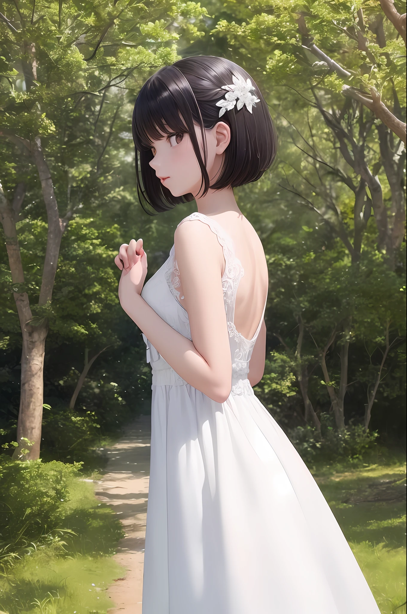 23
(very delicate and beautiful), (very delicate and beautiful), (hands are blistering) (simple clothes), (black hair), (dynamic angle, portrait), ( girl), (back view), walking fluttering, white skin, depth of field, background is paved road in the forest, vivid, short-cut, straight hair, (simple clothes), (1 person), no hair ornaments, cute girl, ( No hair ornament))) ((white dress))