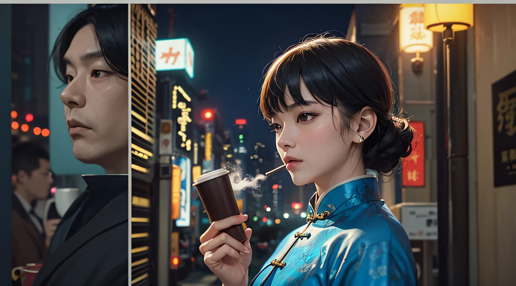 Storyboard, Wong Kar-wai, night view, man in light suit dating woman in blue cheongsam, coffee, cigarettes, oil head --auto --s2
