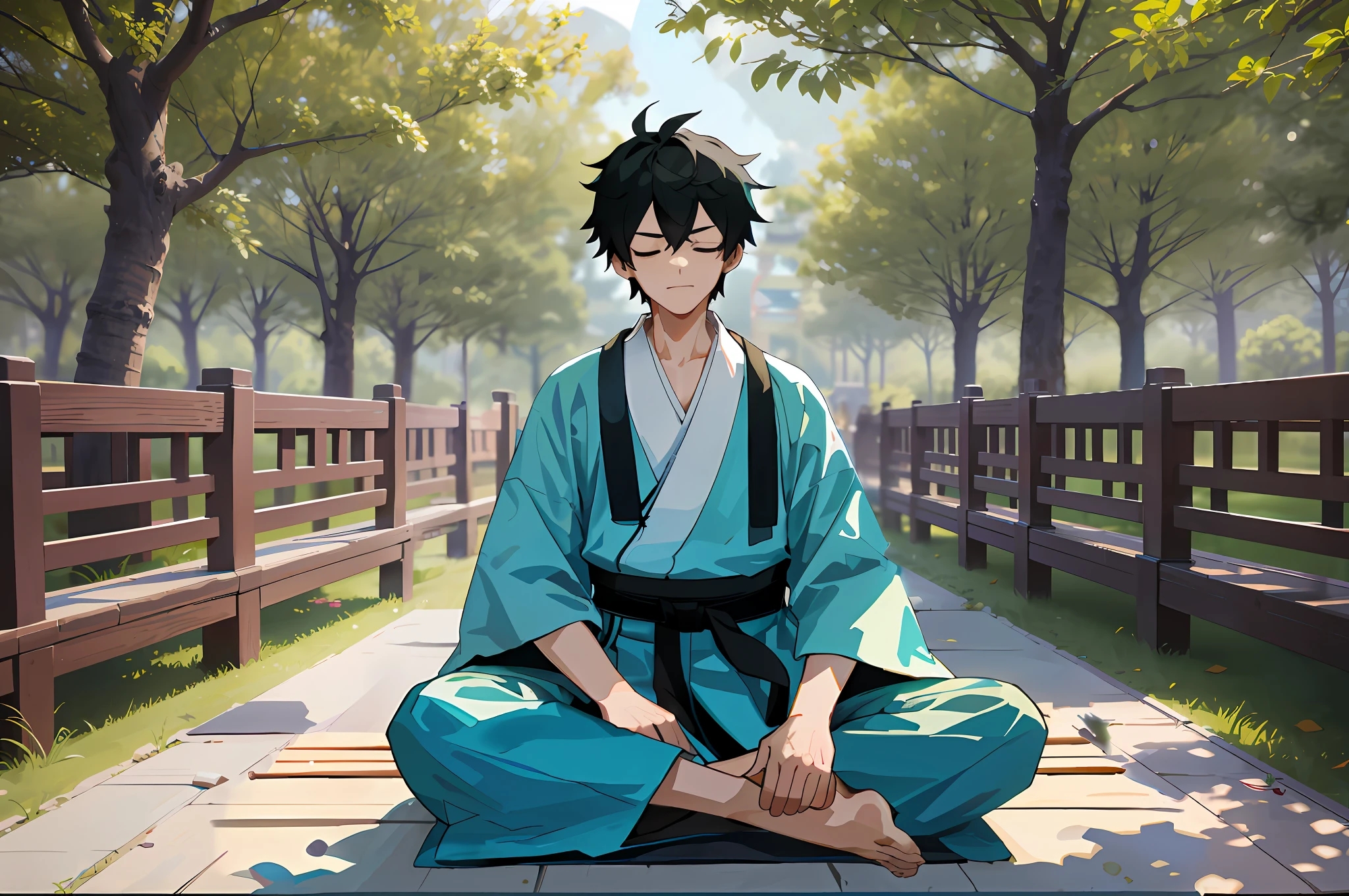 Ultra-high resolution. Just a boy, an 18-year-old boy. Sitting cross-legged, cyan martial arts training robe, sitting cross-legged, outdoor, sitting on the altar, practicing, outdoor martial arts practice, many people onlooking, Chinese ancient style, martial arts style, closed eyes practice. With prominent and well-designed typographic elements. 4K