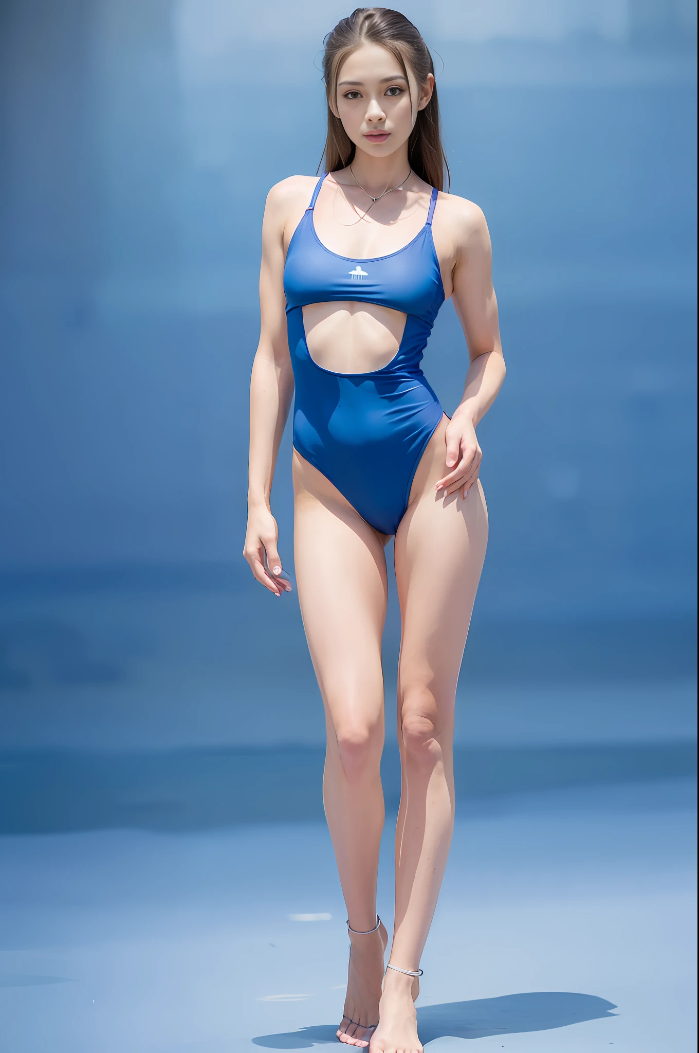 18 year old girl posing for a photo, skilled hands, 4K, high resolution, masterpiece, top quality, head: 1.3, (((Hasselblad photo)), thin skin, sharp focus, collarbone, soft lighting, [:( detailed face: 1.2): 0.2], exterior, delicate body, small hips, thin waist, top quality, nose with straight nose, slender, thigh slit, small figure, (thigh: 0.9), thin waist, thin lips, (shoulder width: 0.07), beautiful face, (waist: 0.07), (neck: 0.001), (larger trochanter: 0.09), (anterior iliac spurs: 0.008), (trunk length: 4), (giant muscular : 1.3), (colorful futuristic cosplay swimsuit:  1.2), (single piece)